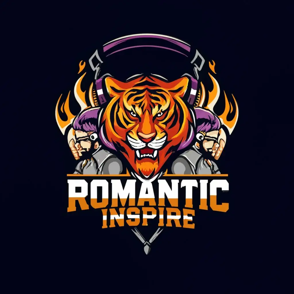 a logo design,with the text "Romantic Inspire", main symbol:Tiger fire DJ NA WEARING HEADPHONE screaming and THE BACKGROUND OF THIS IS TWO SPEAKER A WOLF DJ WEARING HEADPHONES SCREAMING WITH TWO SPEAKERS IN THE BACKGROUND,Moderate,be used in Entertainment industry,clear background