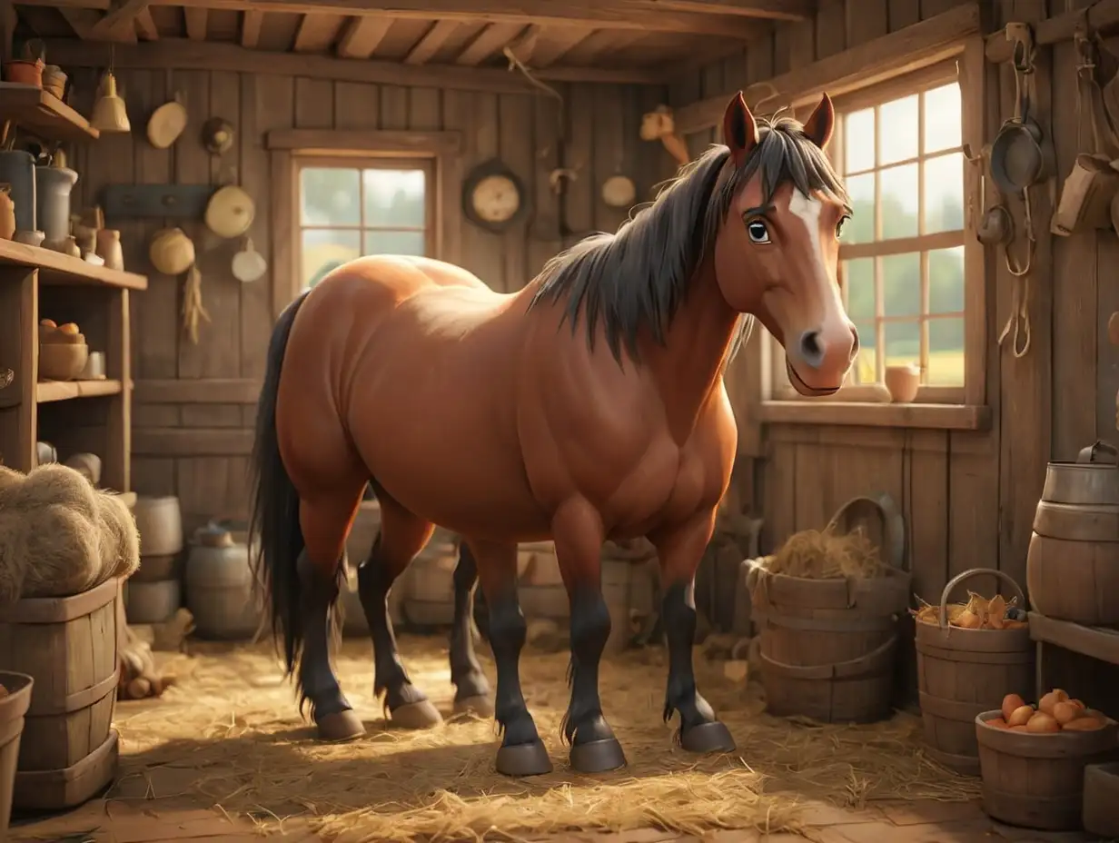 horse, in a cozy little farm, 3d disney inspire