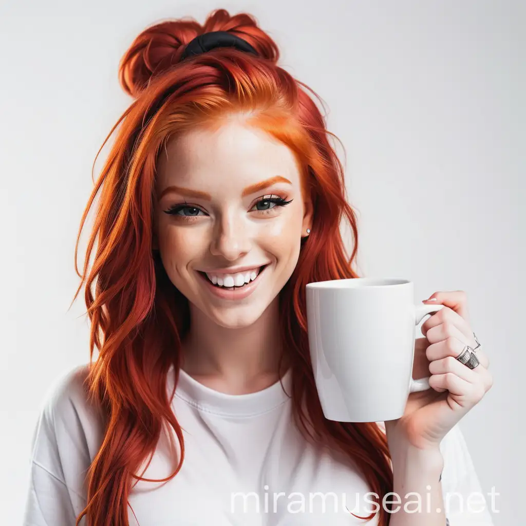 beautiful sexy redhead rapper girl smiling with a square white mug on a white background