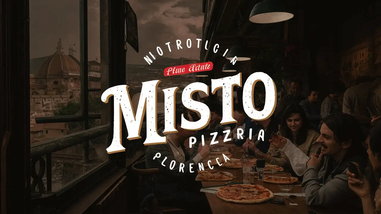 MISTO Pizzeria, logo, White font, Restaurant, Florence city in the background, Brand Identity, Pizzeria, Vintage Effect, Noisy atmosphere, Moody Atmosphere