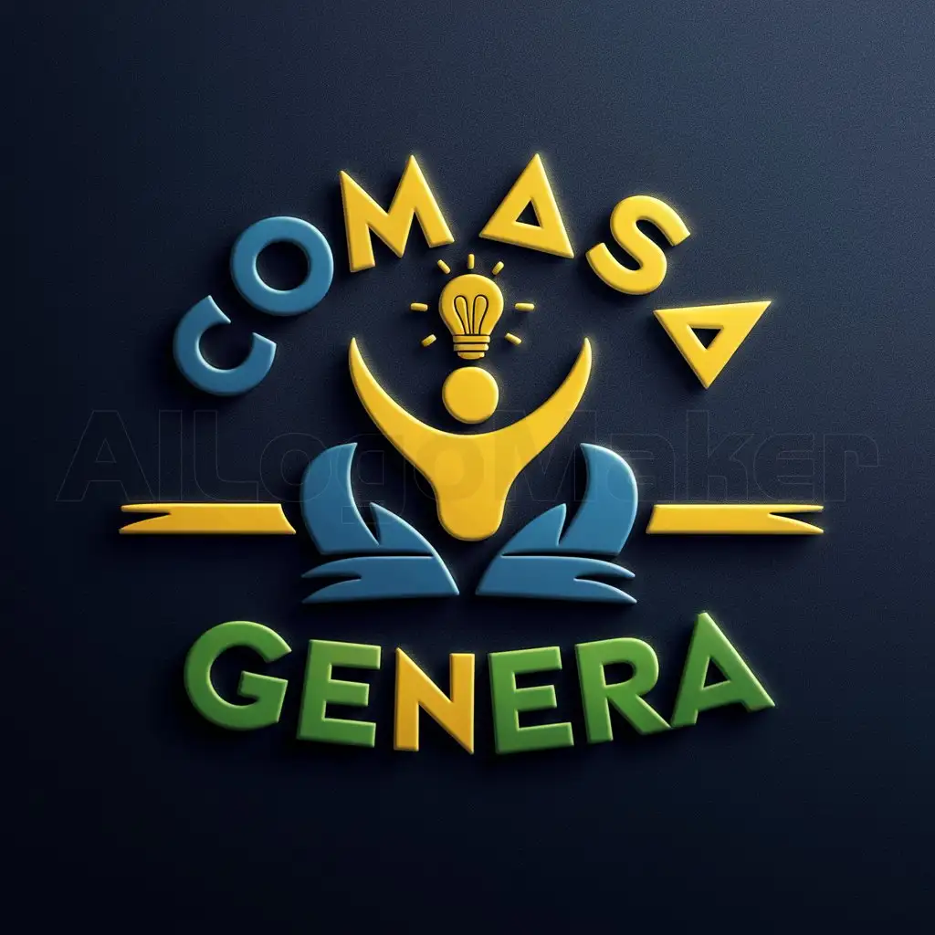 a logo design,with the text "COMASA GENERA", main symbol:in the center there is a person and they have a light bulb, they are surrounded by two decorative barriers in the form of C and have a line, below there is a title, it is colored blue yellow and green, the image reminds you of progress and people management,Moderate,clear background