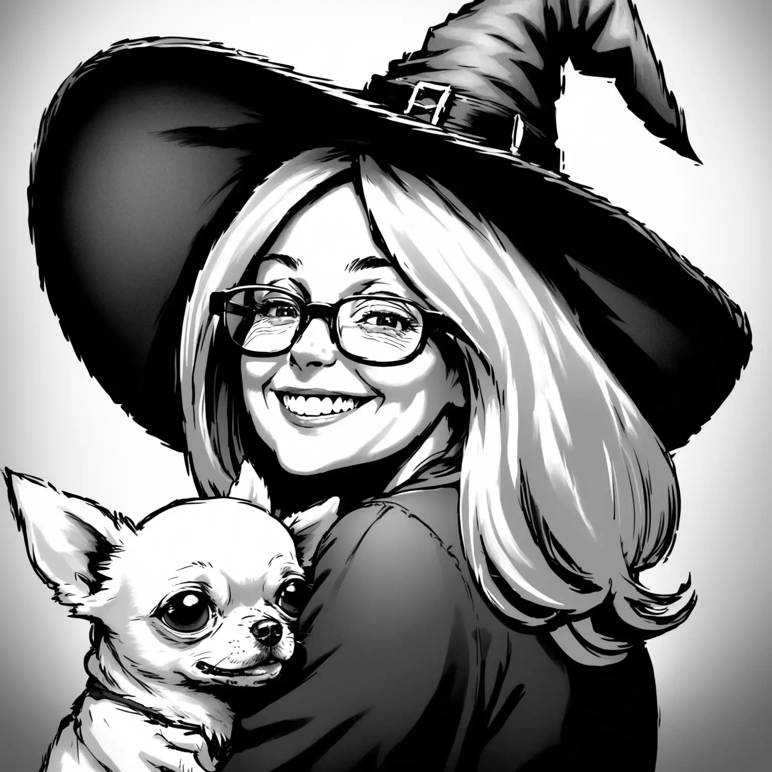 black and white image of the backside of a grinning middle aged woman looking over her shoulder, with shoulder length hair and wearing a witch hat and glasses and holding a chihuahua dog