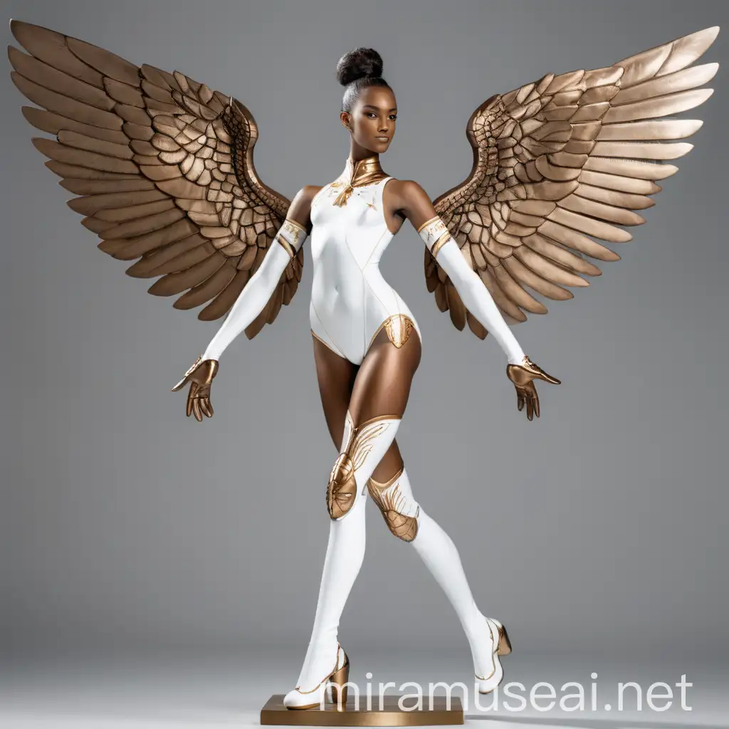 tall woman with bronze skin, bronze wings, bronze head, bronze arms, bronze legs, bronze hair, wearing white leotard and white boots