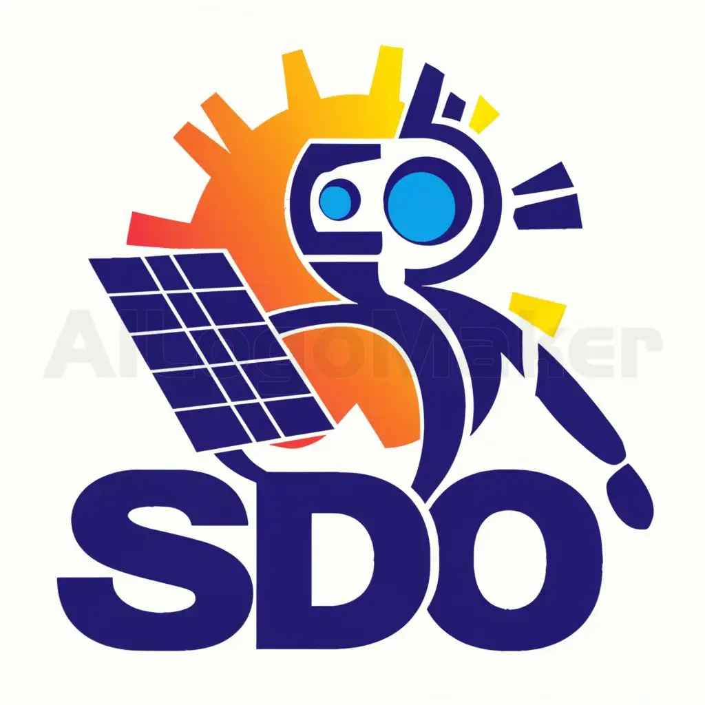 a logo design,with the text "SDO", main symbol:An AI that checks the operation of Solar Parks,complex,clear background