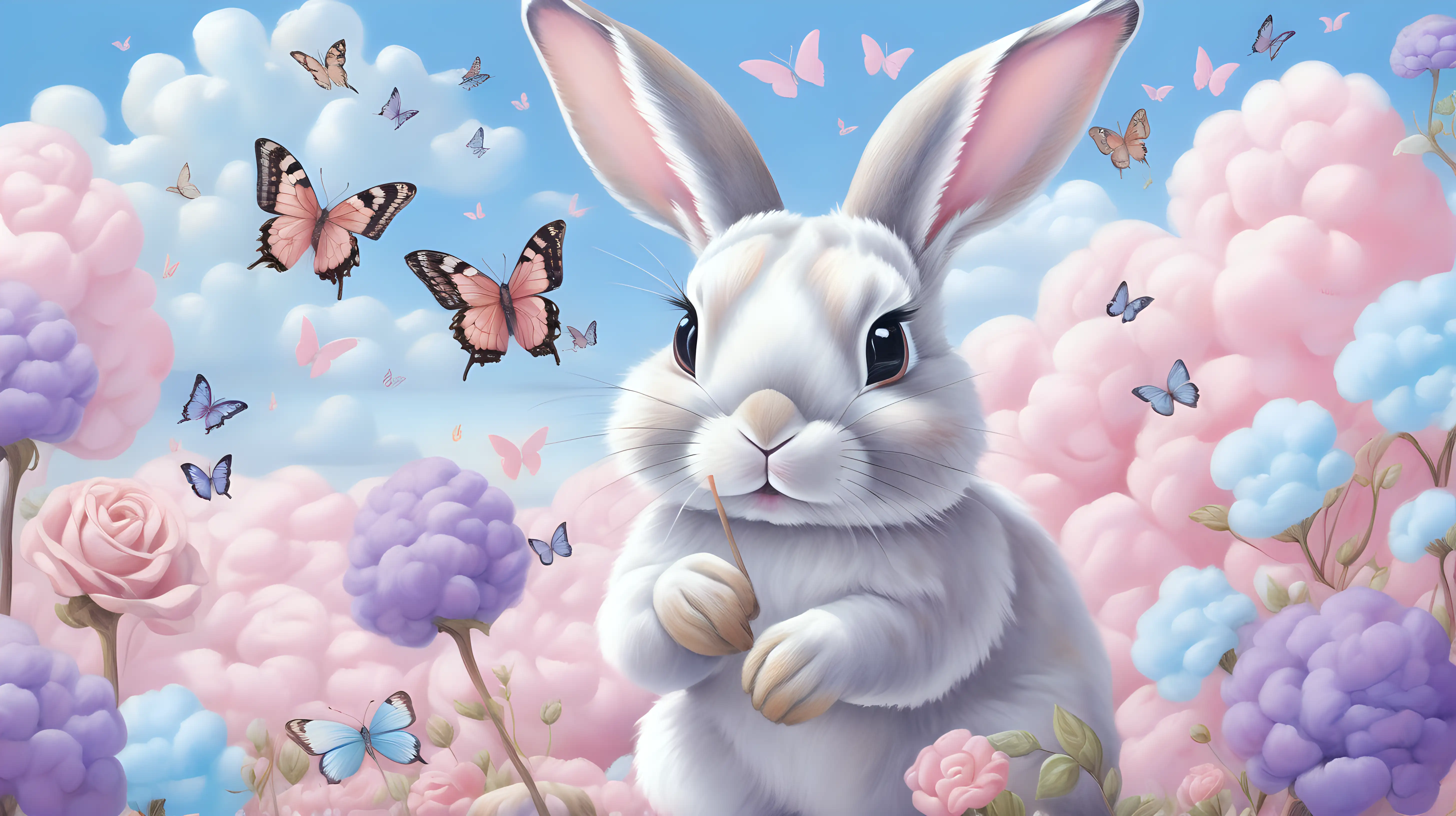Whimsical Rabbit Surrounded by Pastel Cotton Candy Flowers and Butterflies