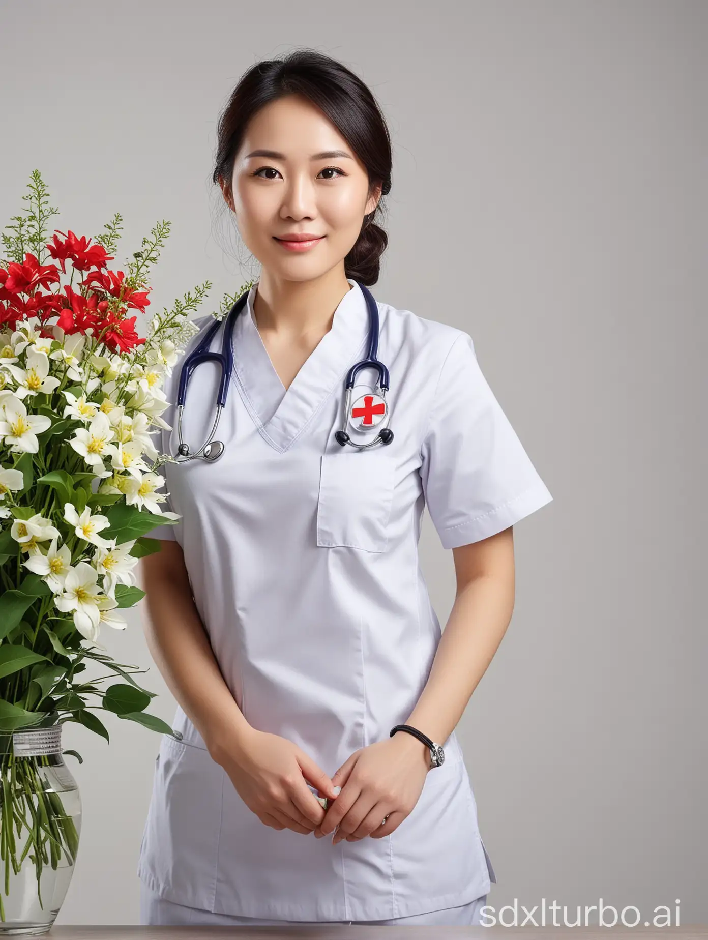 White background, Chinese Nurse, medical uniform, healthcare, cancellation, Nurse's Day, assessment, discrimination, professionalism, clinical setting, stethoscope, medicine, patient care, floral bouquet, positive decoration, application, soft lighting, high resolution, detailed