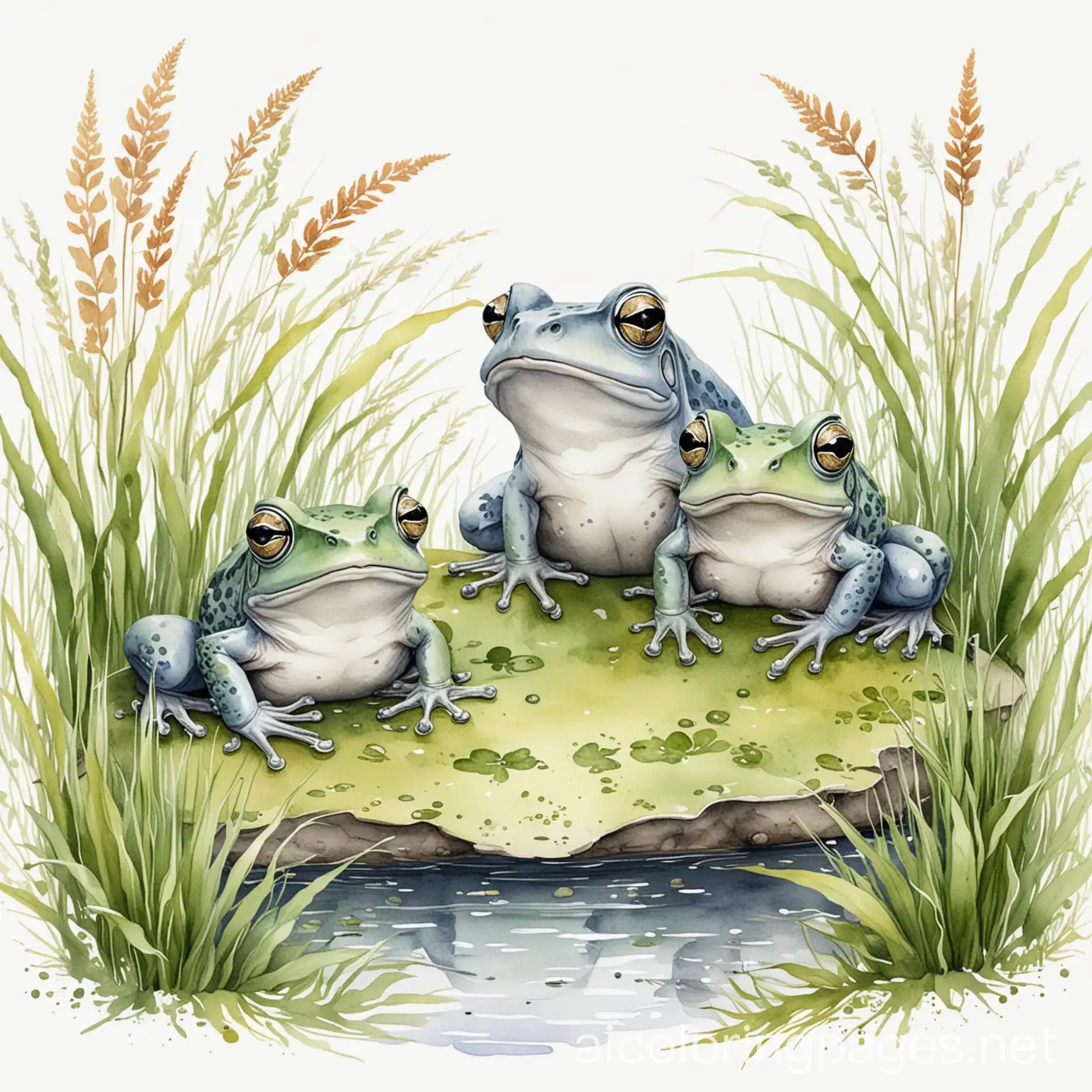 Cute small three Frogs in a small pond cover with  grasses Watercolor Illustration, Coloring Page, black and white, line art, white background, Simplicity, Ample White Space. The background of the coloring page is plain white to make it easy for young children to color within the lines. The outlines of all the subjects are easy to distinguish, making it simple for kids to color without too much difficulty