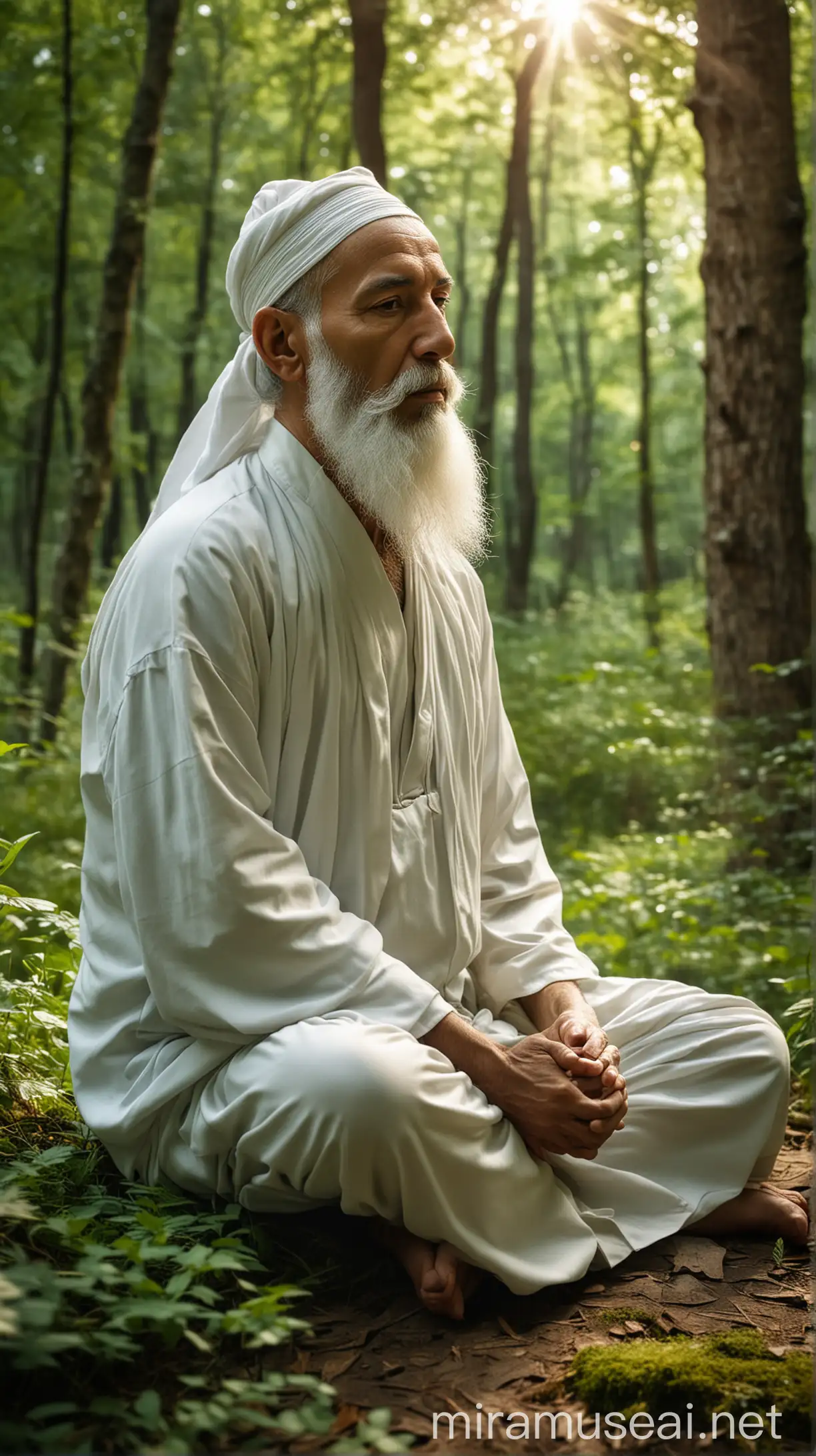 Create an image of Yunus Emre, a wise and serene dervish, sitting in deep meditation in a lush, green forest. He should have a long white beard and wear traditional Sufi clothing. The forest is peaceful, with sunlight filtering through the trees, and Yunus Emre exudes a sense of calm and spiritual depth.

