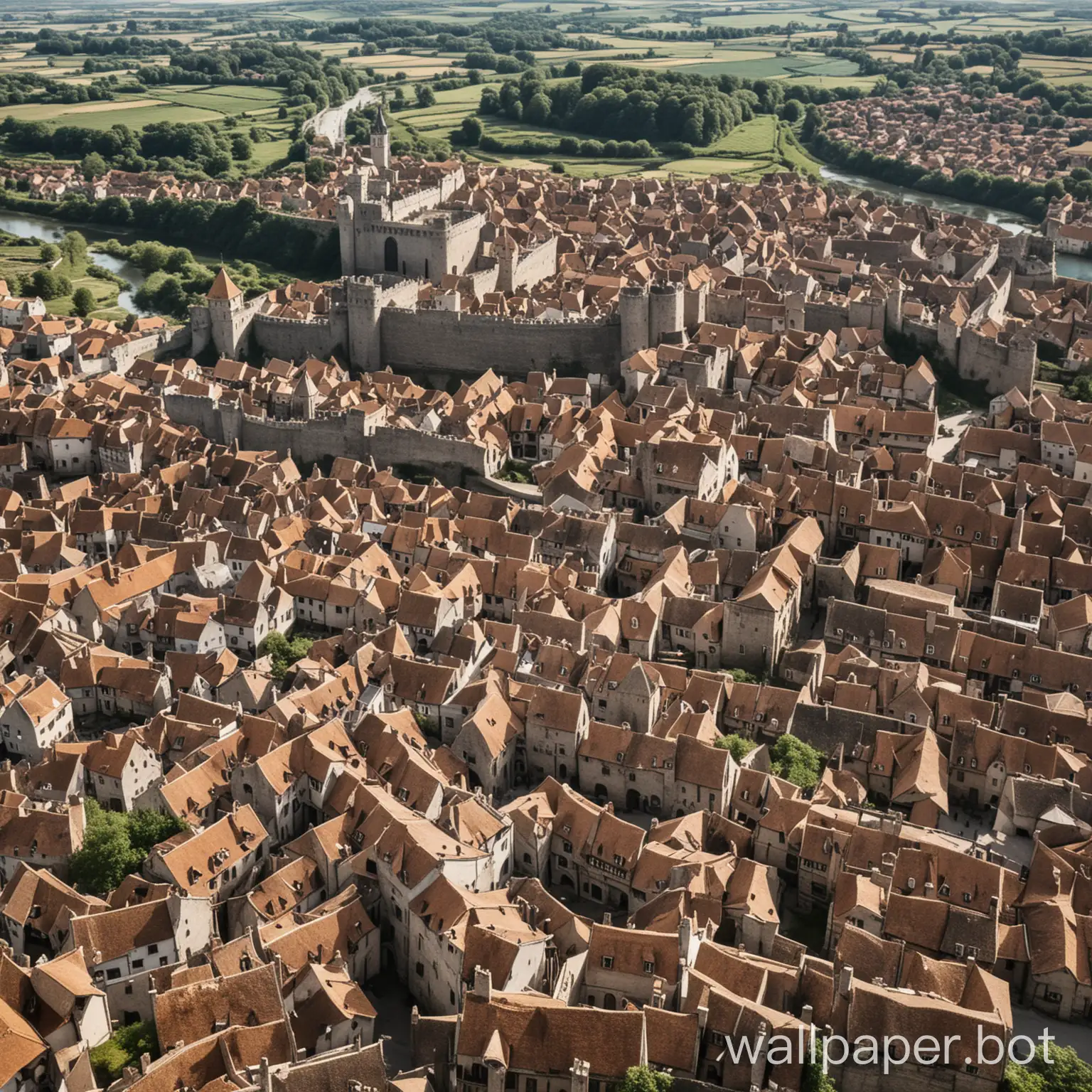 a sprawling walled medieval town, viewed from high above, a river nearby, a large flock of birds in the distance