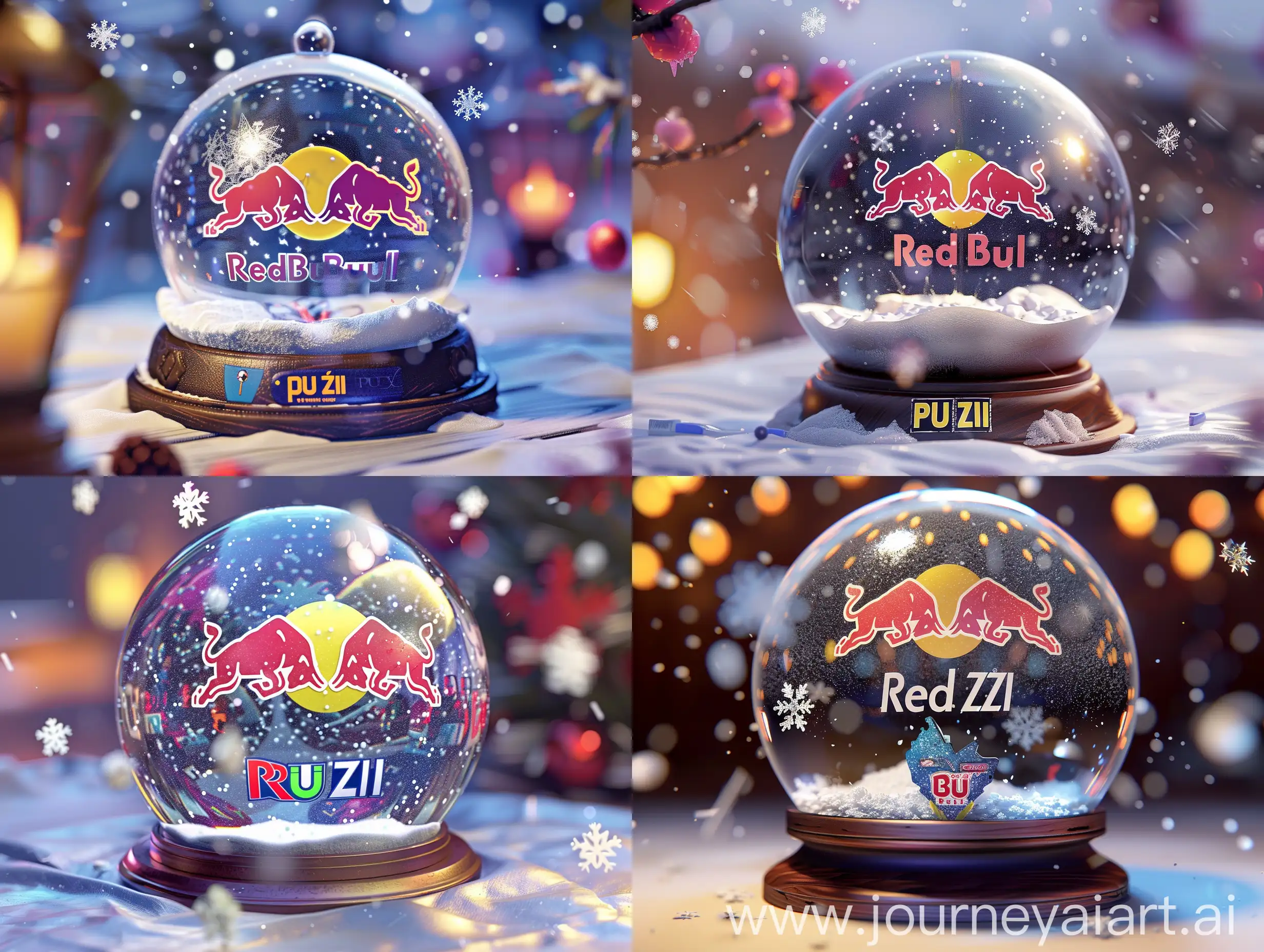 A mesmerizing 8K HD snow globe image featuring the "Red Bull Batalla" crest, brought to life in a delightful 3D illustration. Surroundi  ng the crest is a lively winter scene, complete with snowflakes gently floating down and a vibrant, eye-catching "PU ZI" logo on the base. The combination of photography, illustration, 3D renderings, and anime-inspired elements creates a vivid and immersive visual experience that truly captures the imagination., illustration, 3d render, cinematic, photo