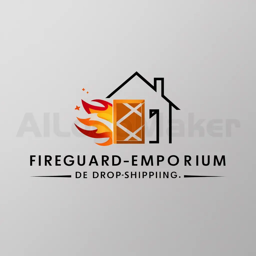 a logo design,with the text "FireGuardEmporium de dropshipping", main symbol:una caja enviada por fuego a una casa,Minimalistic,be used in Internet industry,clear background