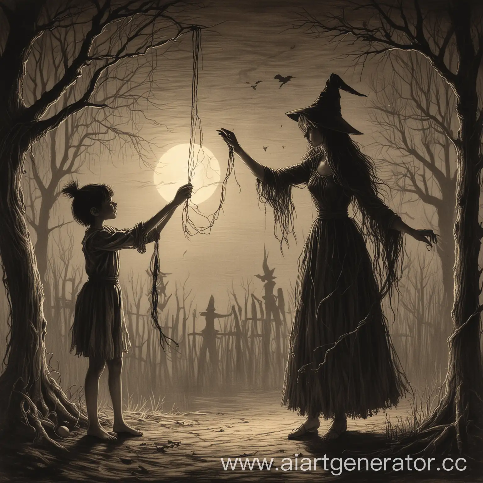 Нарисуй картинку в тени. Танец в сумраке: Ведьма держит своими костлявыми пальцами ниточки на которых висит мальчик все это нарисовано карандашом