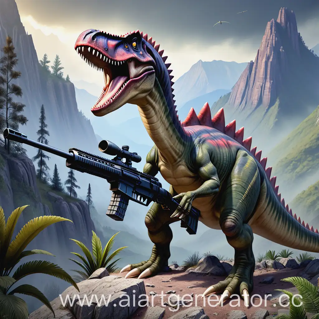 Спинозавр со снайперской винтовкой в горах
