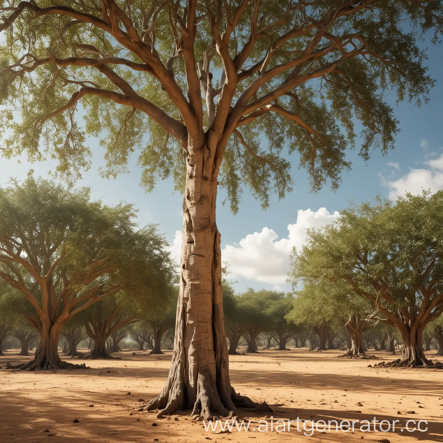 сгенерируй картинку на которой зимняя пустыня, на переднем плане ствол дерева до верха, а сверху листва с манго на всю ширину