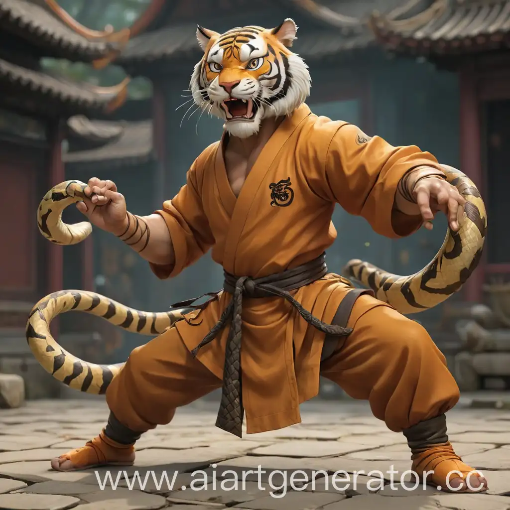 Тигр в одежде монаха кунг-фу и Змея в одежде монаха кунг-фу стоят в боевых стойках