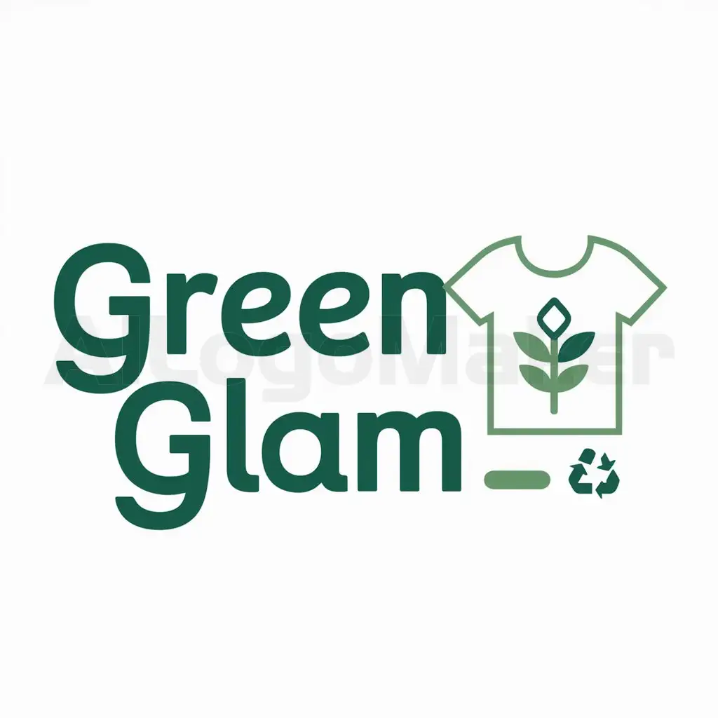 a logo design,with the text "GREEN GLAM", main symbol:ECOLOGICAL CLOTHING COULD BE A T-SHIRT AND A PLANT OR THE RECYCLING SYMBOL,Moderate,be used in Others industry,clear background