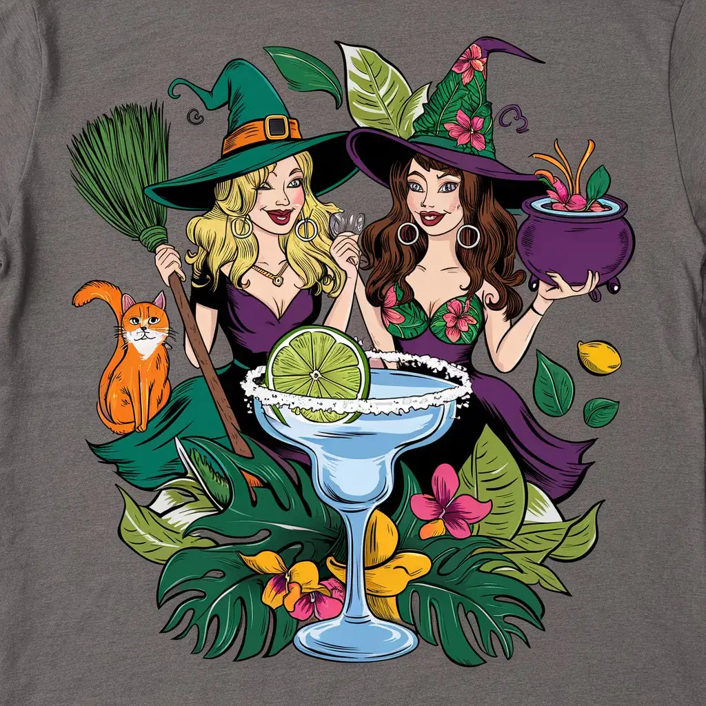 a lime slice and coconut juice in a margarita glass with salt on the rim.
 as a unique t-shirt design with two quirky witches. One Blonde and one brunette. design

