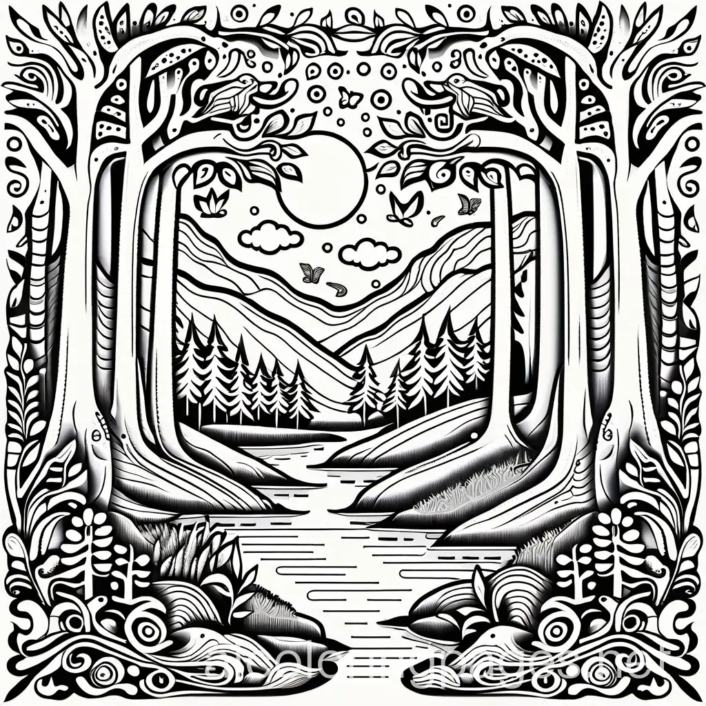 Magical Forest: Design a page with intricate trees, mystical creatures like unicorns or dragons, and hidden treasures scattered around., Coloring Page, black and white, line art, white background, Simplicity, Ample White Space. The background of the coloring page is plain white to make it easy for young children to color within the lines. The outlines of all the subjects are easy to distinguish, making it simple for kids to color without too much difficulty