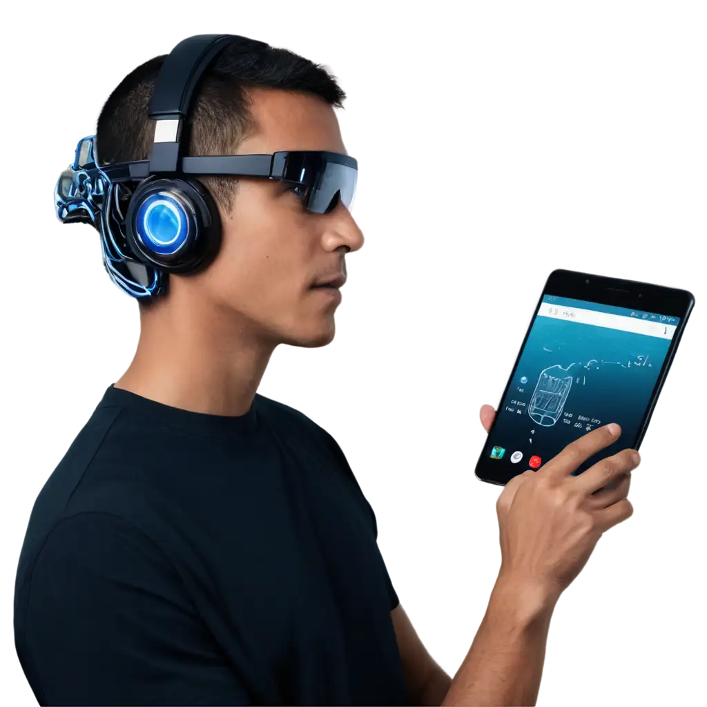 A man using AI in his device wearing futuristic devices