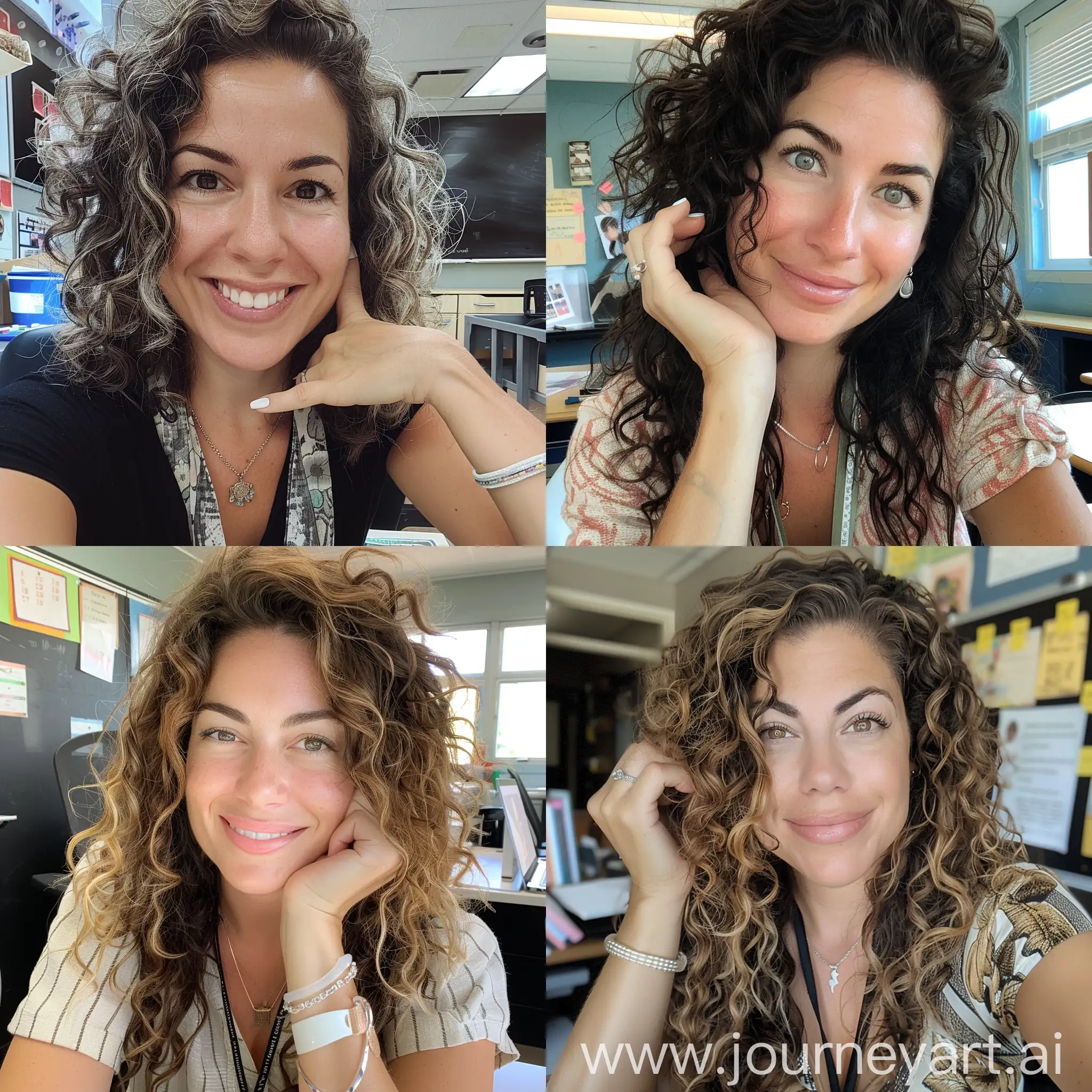 Aesthetic instagram selfie of a elementary school teacher, at her desk, gorgeous, curly hair, bushy eyebrows, happy, lanyard around neck, looking into camera, one hand resting on desk, hand visible in selfie photo, wedding ring, white gel nail polish