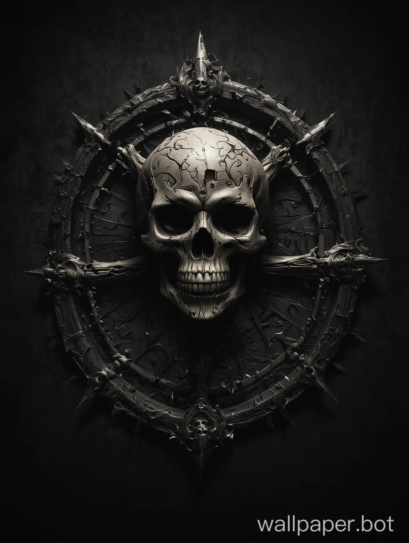 dangerous looking wallpaper, mystic style, dark background, skull  logo in the middle. no text