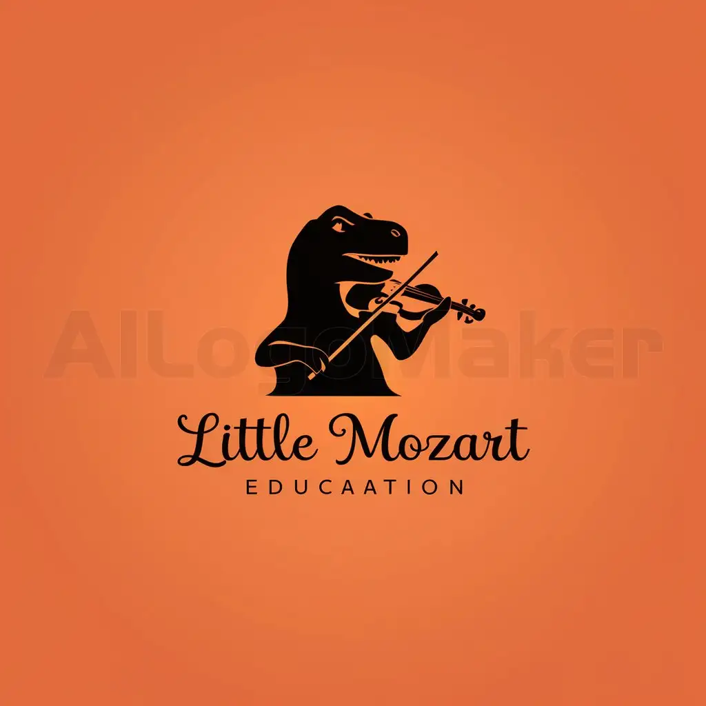a logo design,with the text "Little Mozart", main symbol:black dinosaur plays violin on orange background,Minimalistic,be used in Education industry,clear background