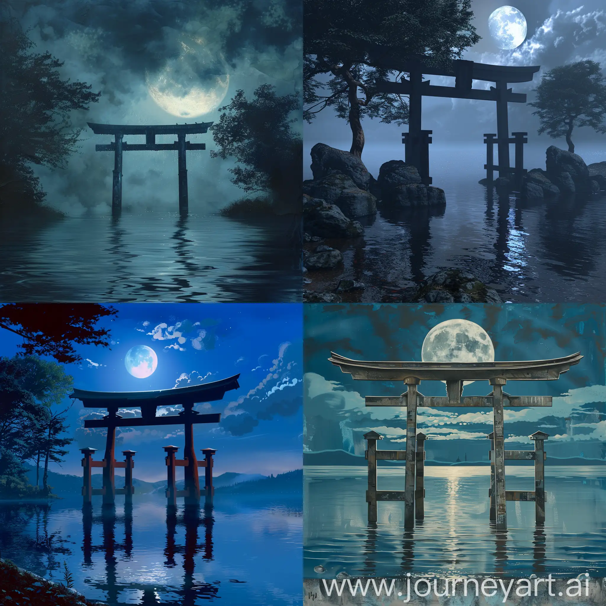 Japanese gate under moonlight in the water