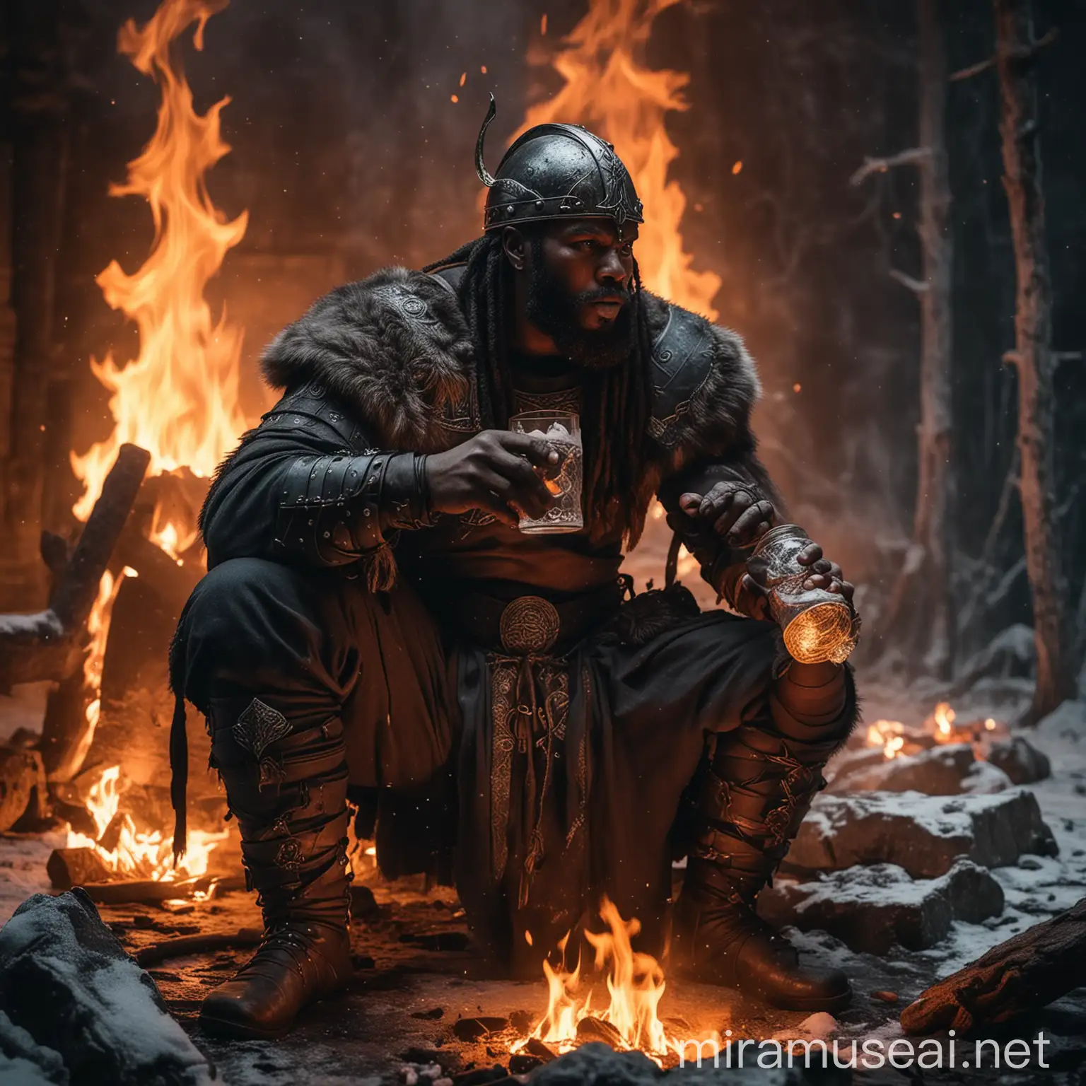 Black Viking Warrior Refreshing with Ice Cold Water amidst Blazing Fire