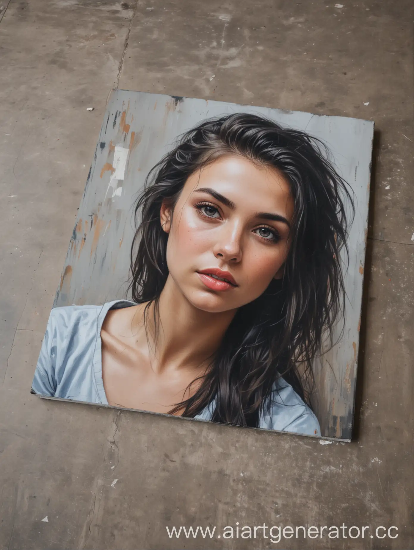 Portrait on canvas 50x70cm stands on the floor leaning on a car wheel.
