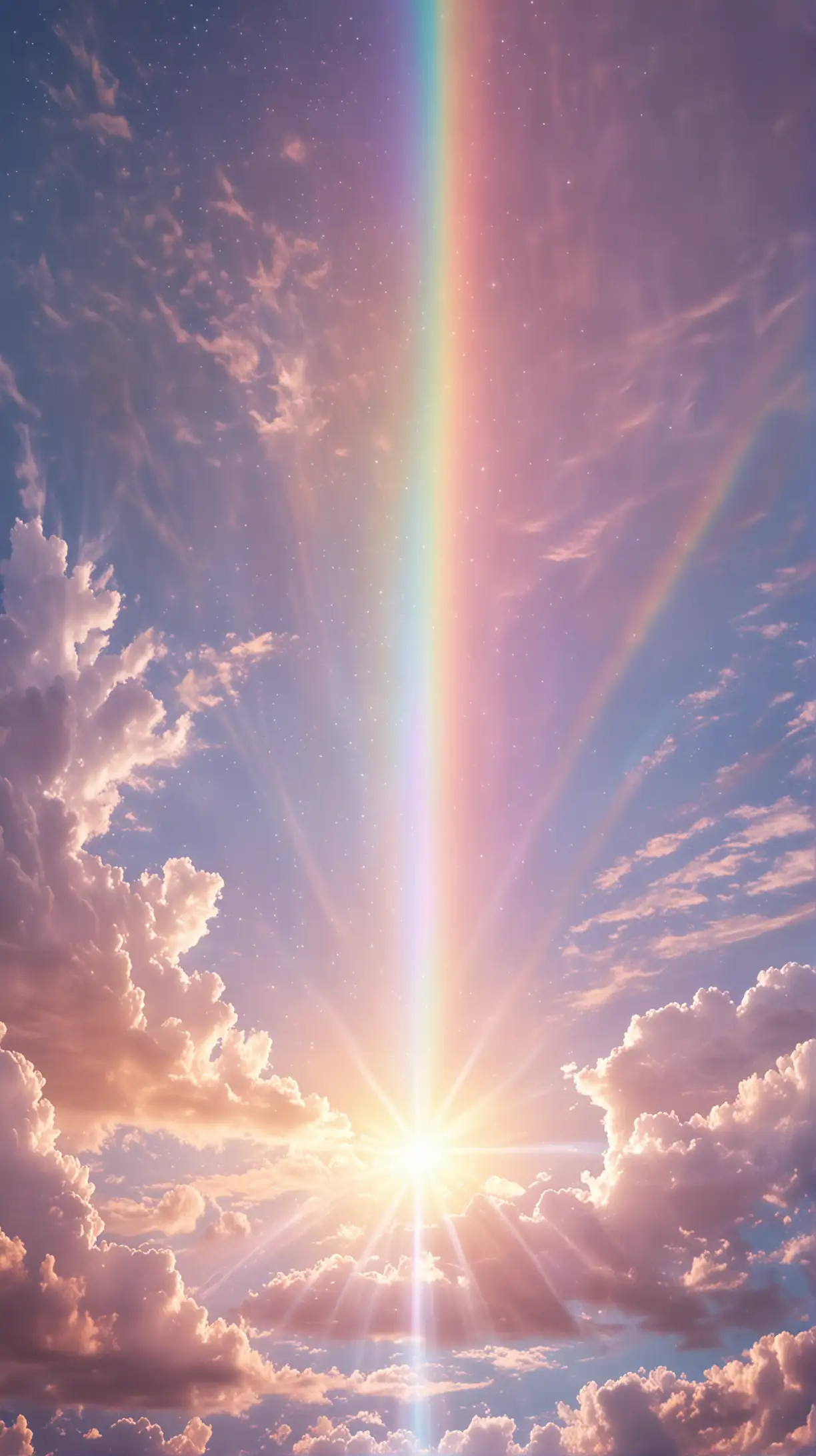 magical ethereal transcendent pastel rainbow heavenly sky, with white and rainbow light beam coming down middle