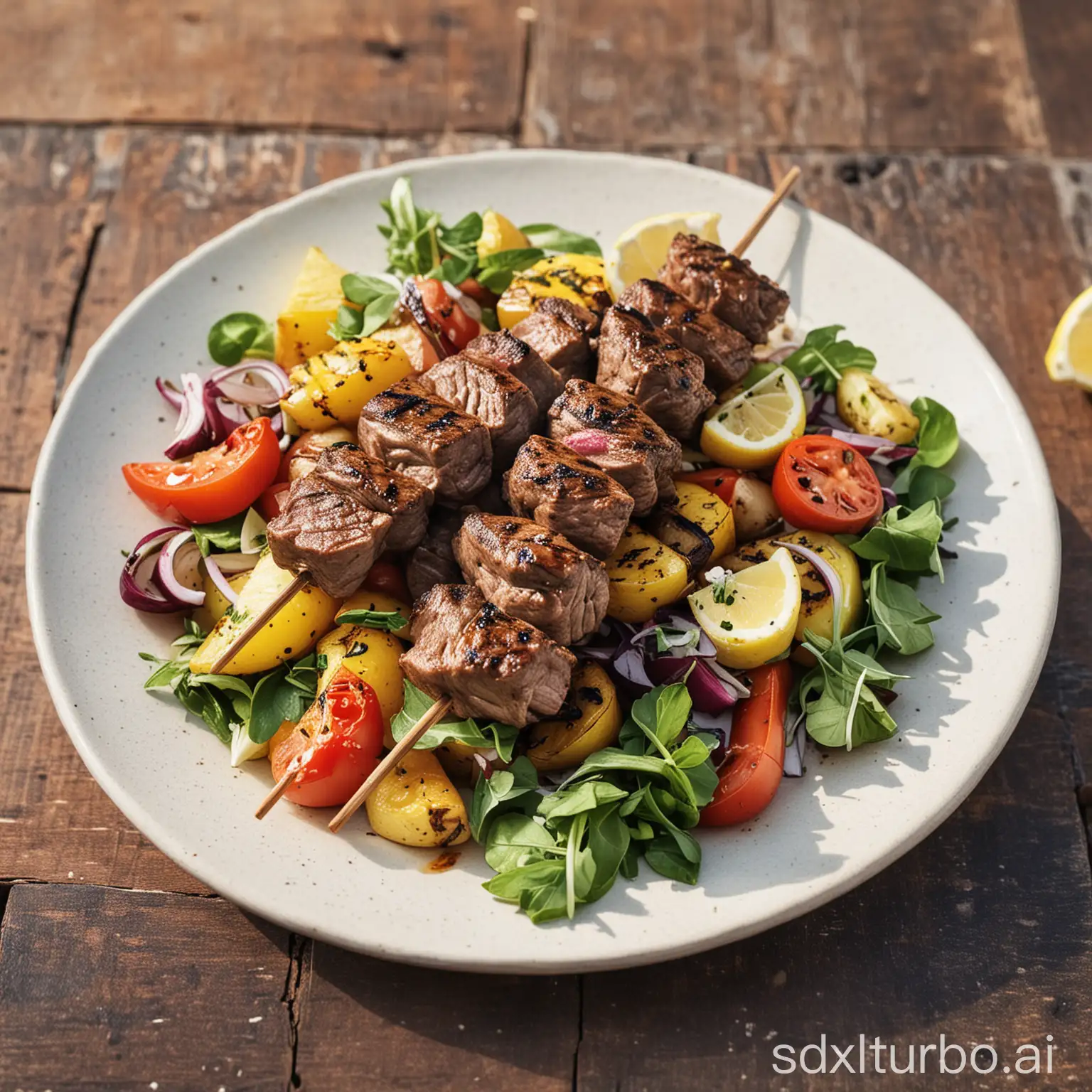A photograph of an enticing Mediterranean grilled lamb skewer, served with fresh vegetables, lemon, and herbs. Set in an outdoor dining setting, illuminated by natural light.