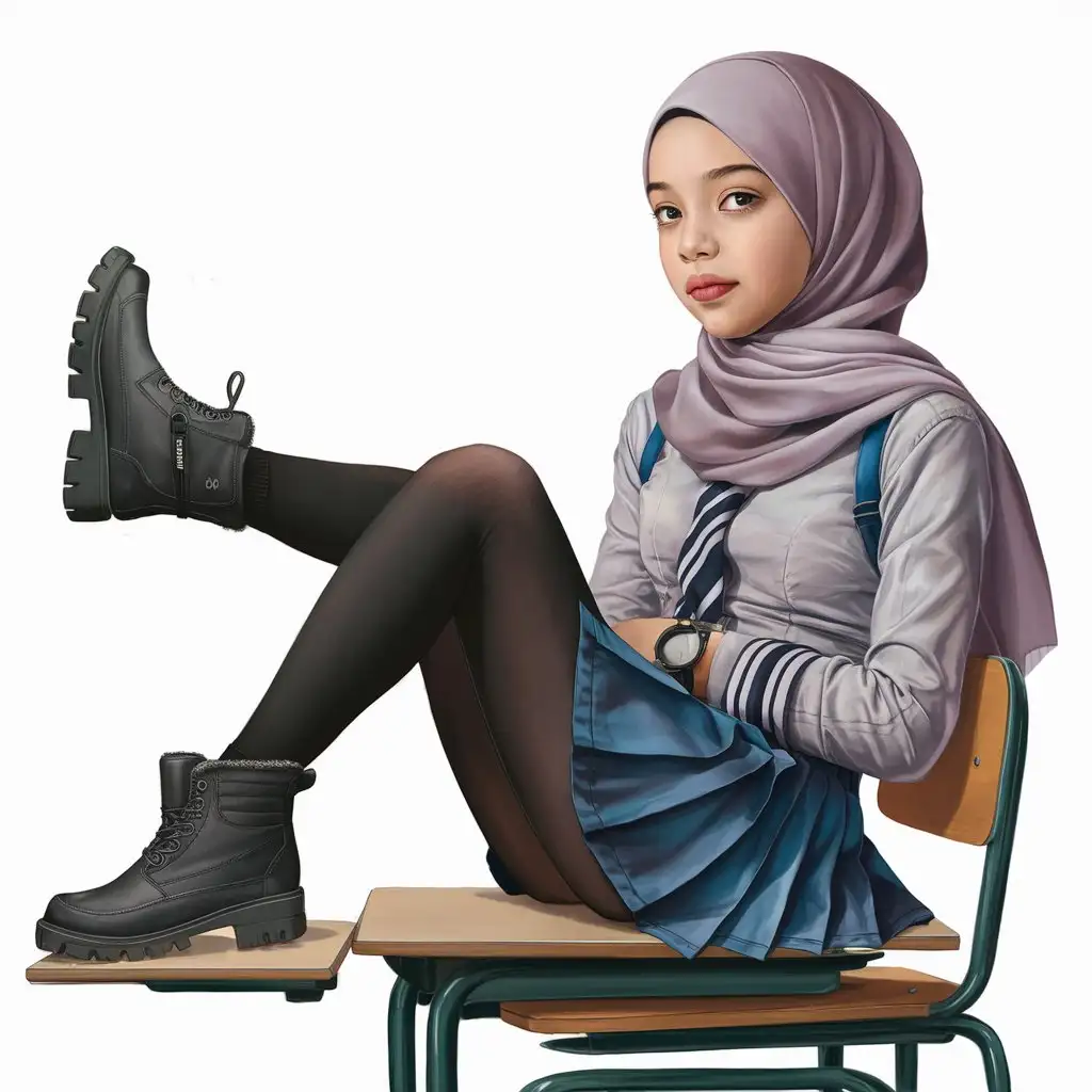 A beautiful girl.  14 years old. She wears a hijab, skinny shirt, so mini school skirt, black opaque tights, small winter boots,
She is beautiful. She crossed leg on the desk.
Side eye view, in classroom, petite, plump lips.  Elegant, pretty, 