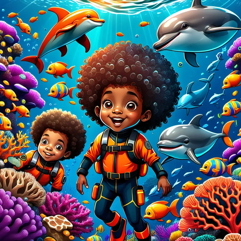cartoon two African American little boys with big curly afros, ages 2 and 5, wearing scuba gear, swimming among bright coral reefs, colorful fish, and a friendly dolphin, in an animated, playful style.