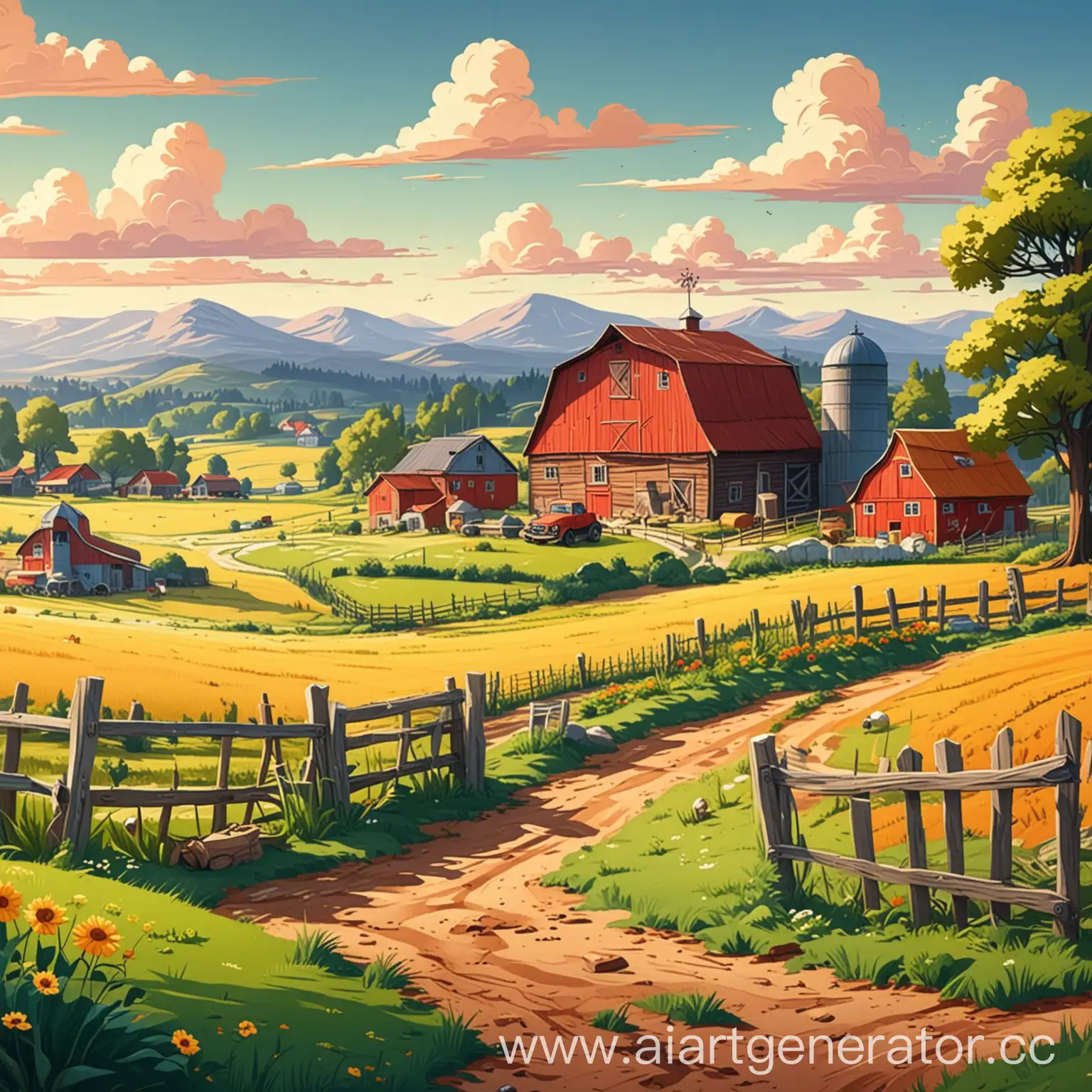 Пейзаж с фермой в стиле мультиков 90-00 годов
