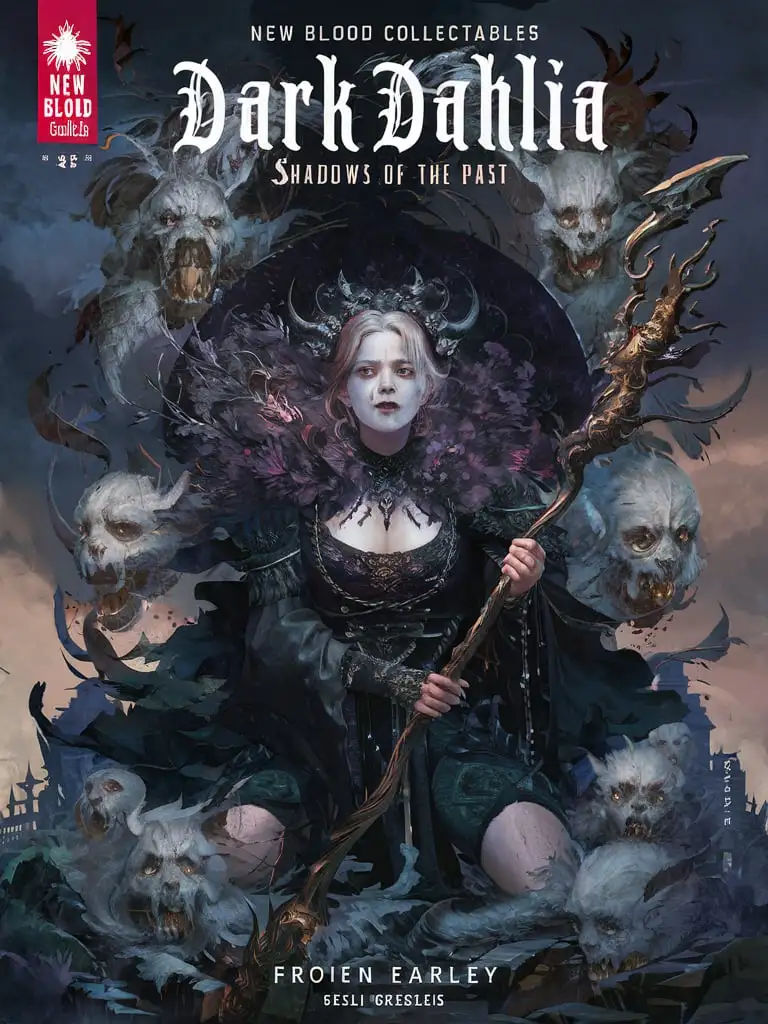 Design a Comic Book cover for title: New Blood Collectables featuring Dark Dahlia: Shadows of the Past Prompt: Explore the dark and haunting world of Dark Dahlia, a necromancer with the power to control the dead. Delve into her tragic past, where her love for a dying man drove her to practice forbidden necromancy. Illustrate her battles against those who seek to destroy her, her struggle to maintain control over her powers, and her relentless pursuit of vengeance and redemption.