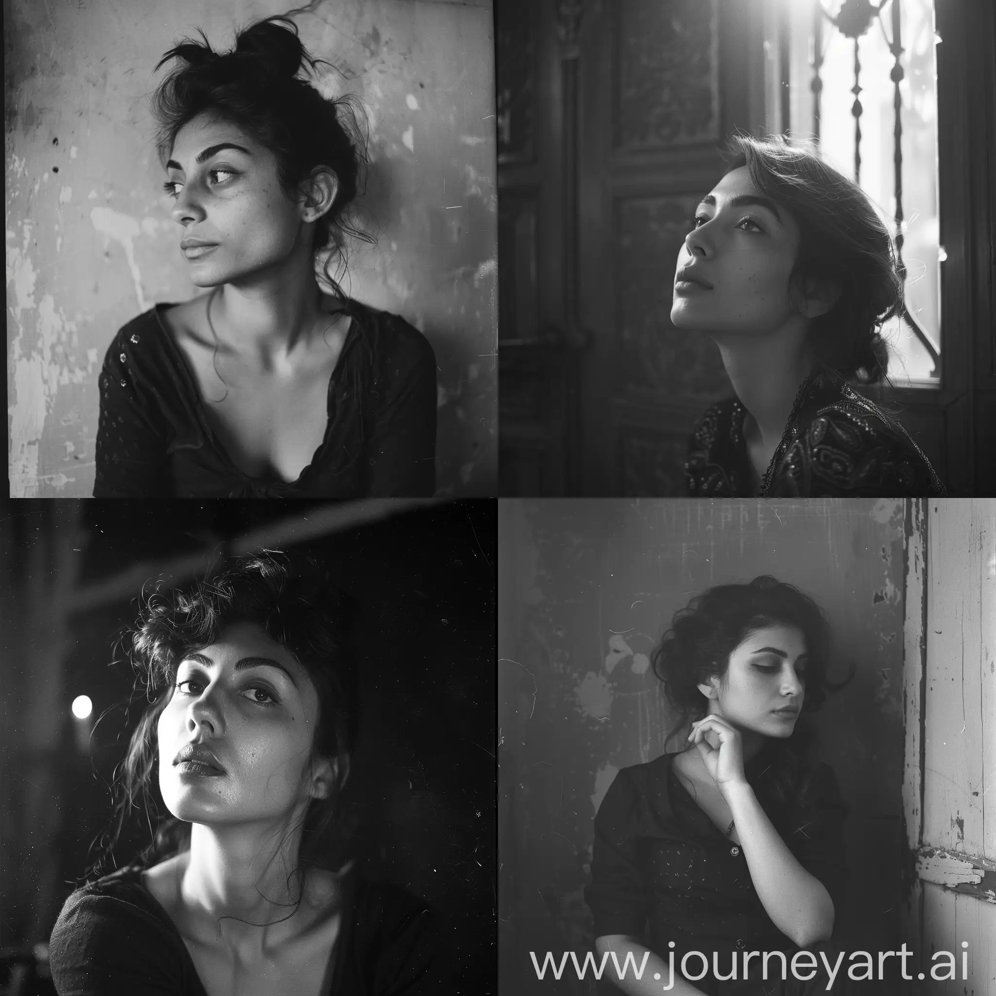 A woman who's Georgian and Armenian and French, woman, photography taken with flash: analog photography: grain film, vintage photo, in the style of lo-fi aesthetics