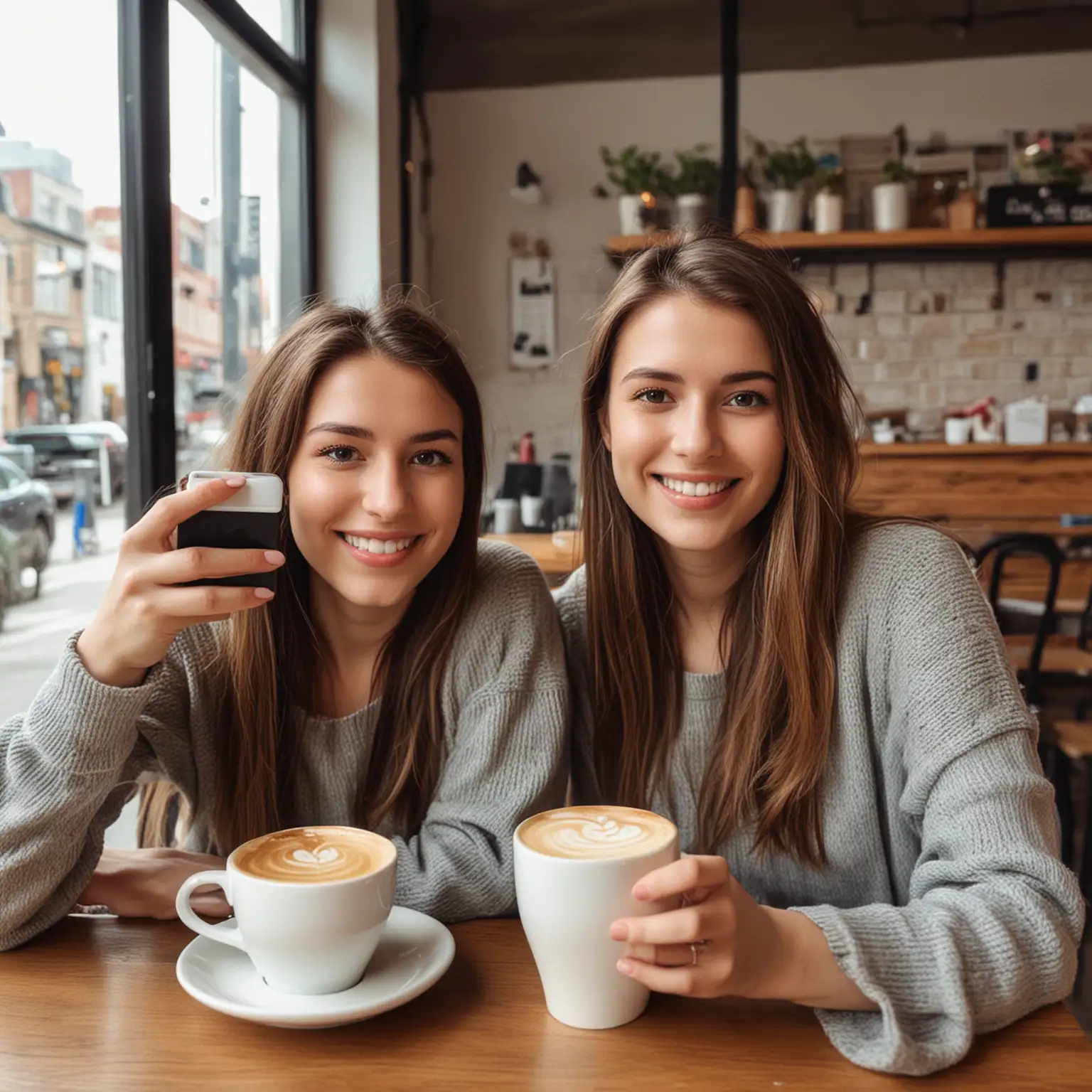 28 years old women sitting in a coffee shop and taking a selfie while drinking coffee