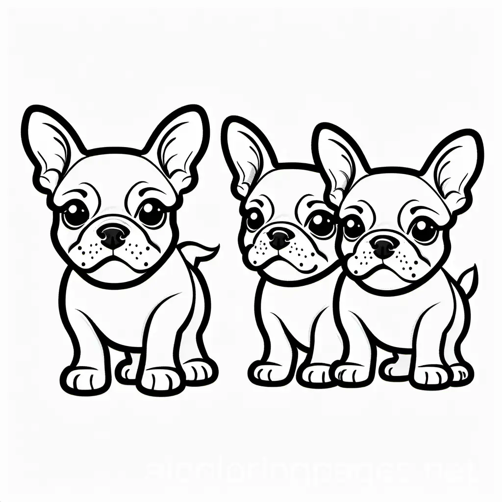 three adorable french bulldog puppies, running,, Coloring Page, black and white, line art, white background, Simplicity, Ample White Space. The background of the coloring page is plain white to make it easy for young children to color within the lines. The outlines of all the subjects are easy to distinguish, making it simple for kids to color without too much difficulty
