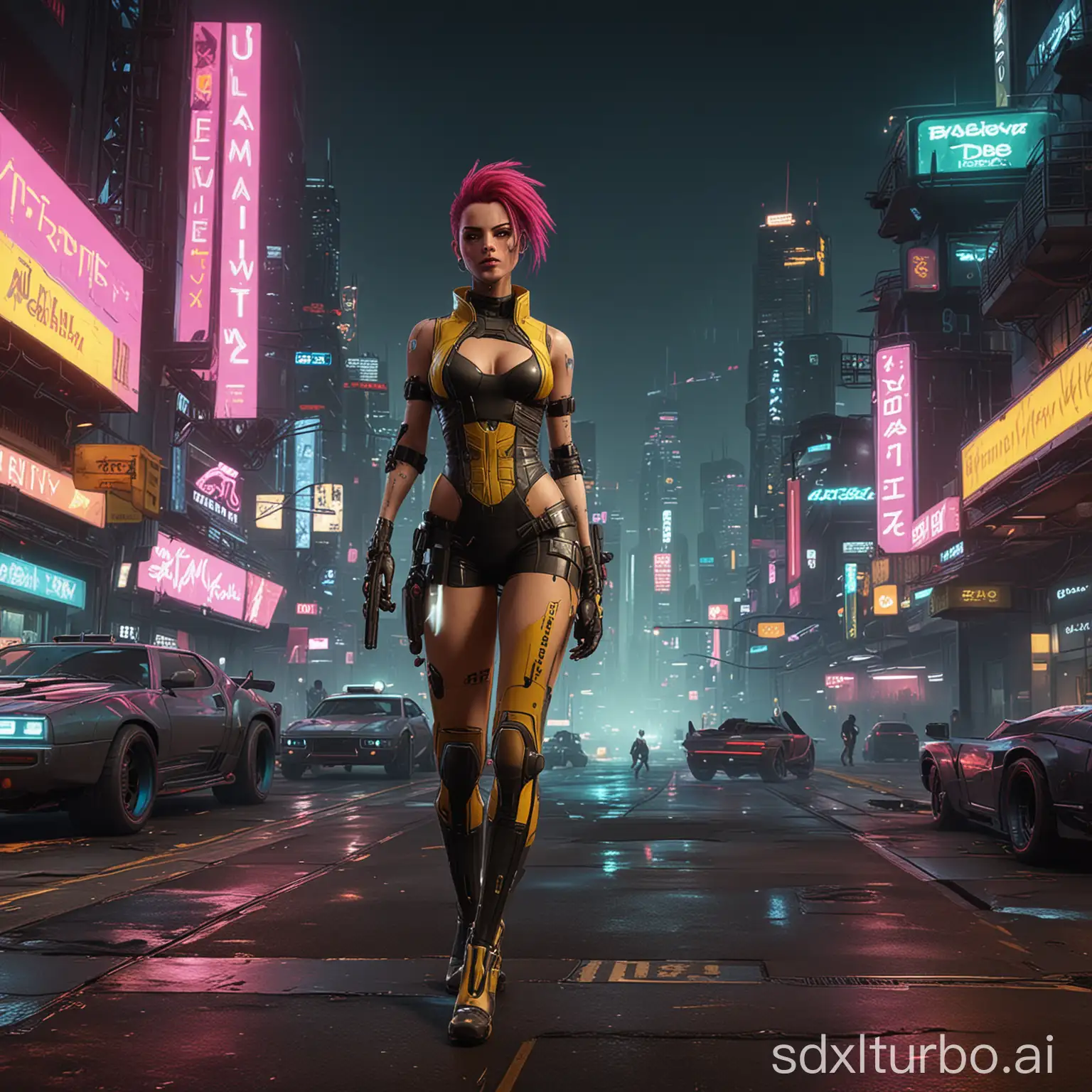 Create an image that features a vibrant, neon-lit cityscape of Night City as the background. In the foreground, showcase a mix of iconic characters and elements from popular mods. For instance, depict a character with augmented cyberware from the Cyberware-EX mod, flying cars from the Let There Be Flight mod, and stylish new hairstyles from the Phantom Liberty Hair Collection. To add a techy feel, include holographic UI elements or mod installation screens around the characters, highlighting the variety of enhancements mods bring to the game. Use bold, futuristic fonts for the title "Ultimate Cyberpunk 2077 Mods" at the top of the image. 