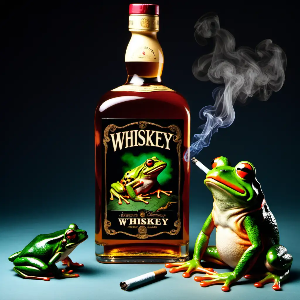 Whiskey Bottle with Smoking Frog Quirky and Unconventional Still Life