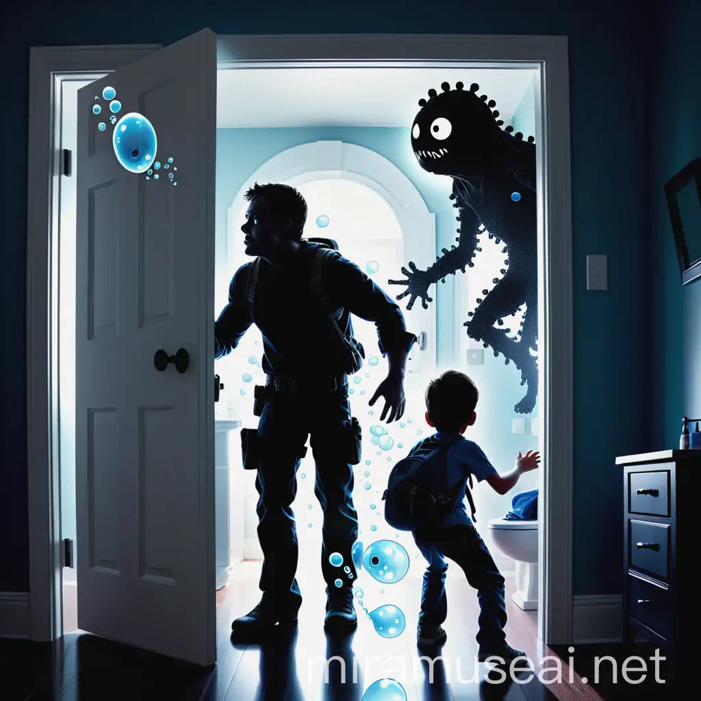 a black silhouette of a boy sneaking up on his dad, about to open the bathroom door. On the other side of the door, the action-hero Dad, dressed in action-hero gear, is surrounded by soap bubble monsters that he is sucking up into his handheld techy gadget. The boy has cracked the door, and light from the hallway projects onto the Dad,