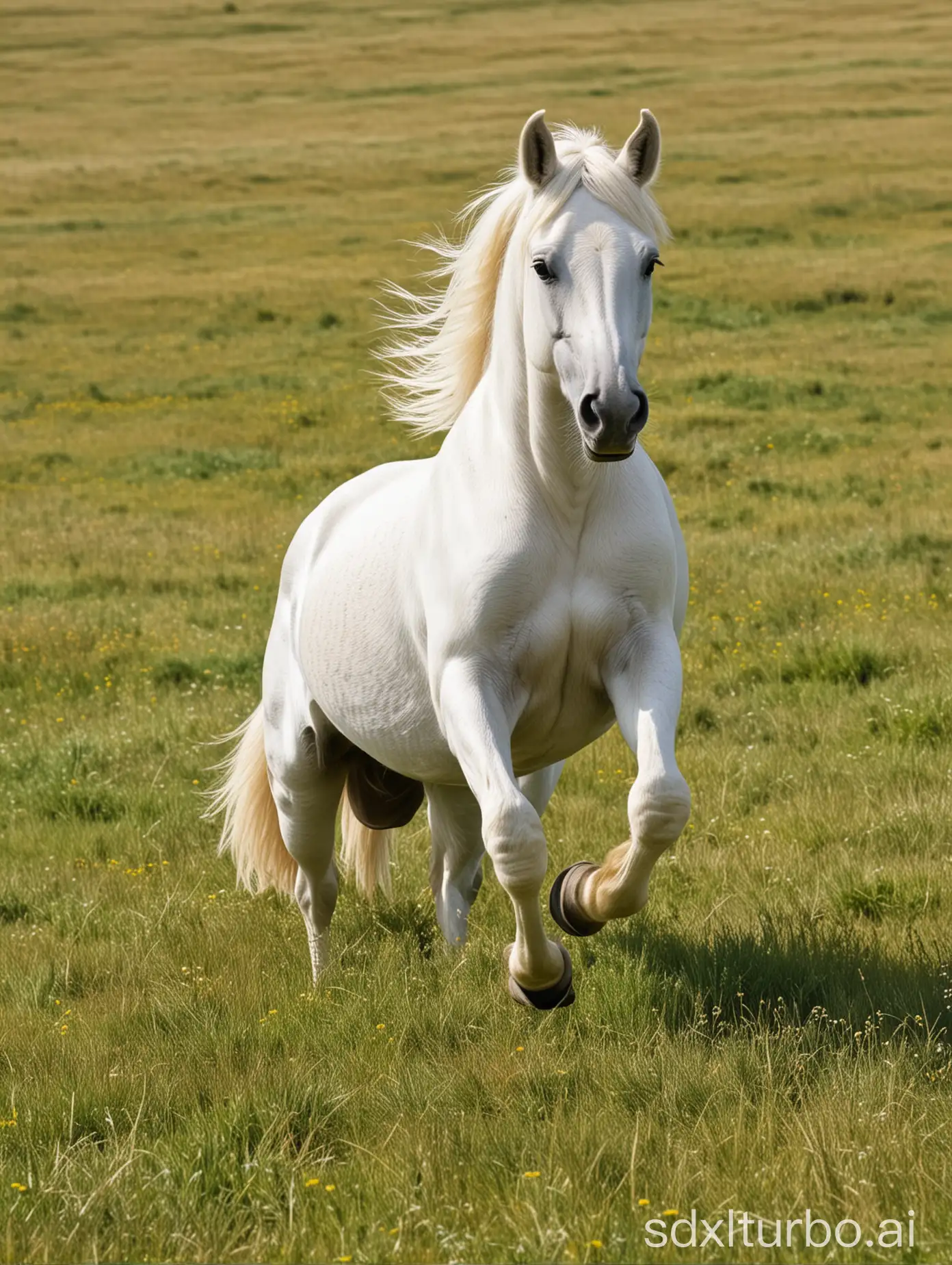 Graceful-White-Horse-Resting-and-Galloping-on-Verdant-Grassland