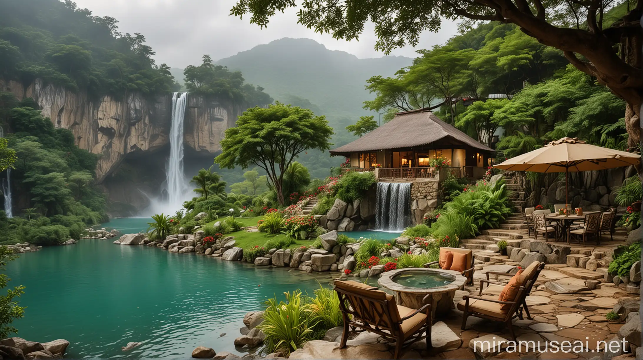 Majestic Mountain Waterfall House with Emerald Surroundings