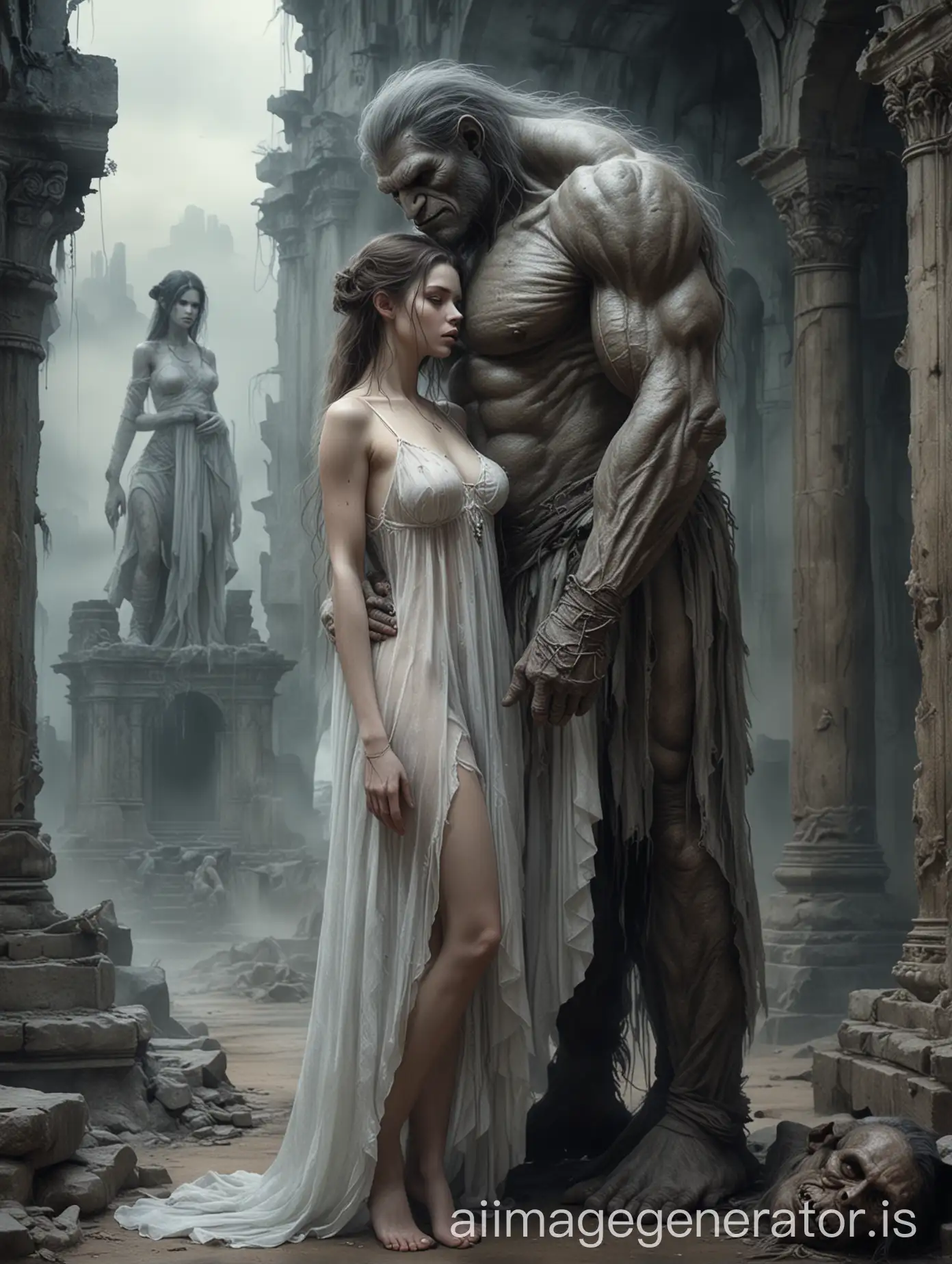 portrait, luis royo dark art style, anya taylor-joy face, tall huge troll man creature and woman in love,  troll man grabbing woman's leg with his huge hand, woman in translucent nightgown,  ancient ruins blurry foggy background