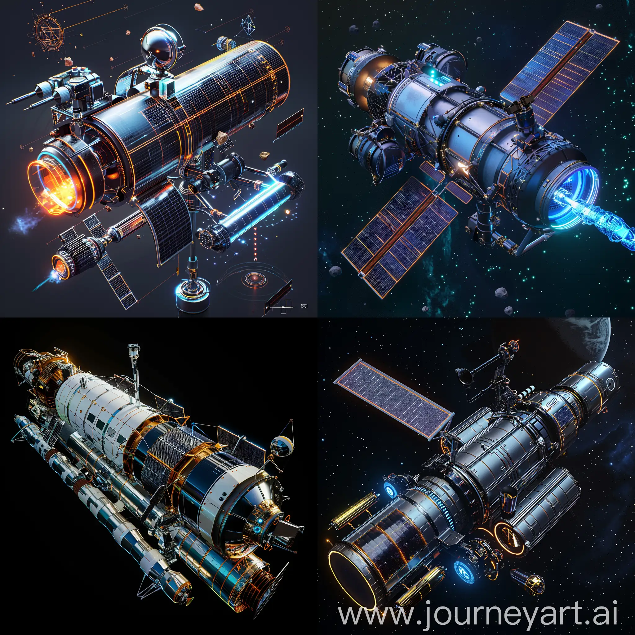 High-tech futuristic space telescope, Modular Design, AI-Driven Image Processing, Blockchain Data Storage, Quantum Sensors, 3D Printing Components, Nano-Coating Optics, Space-Grade Materials, Cloud Computing Integration, Neural Network Control Systems, Laser Communication Links, Solar Sail Technology, Self-Healing Materials, Augmented Reality Interfaces, Flexible Solar Panels, Microthrusters for Precision Maneuvering, Active Debris Removal System, Robotic Arm for Maintenance, Inflatable Structures, Electrochromic Panels, Holographic Communication Beacon, unreal engine 5 --stylize 1000
