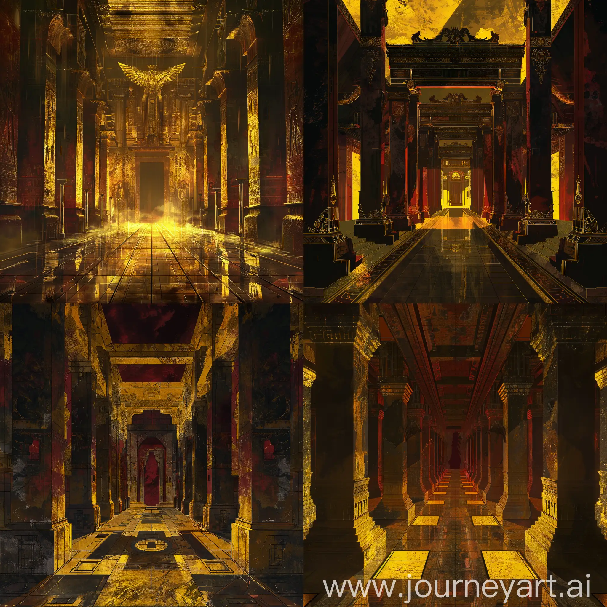 Make a wallpaper for me based on the hall of the ancient palaces of Mean Rodan, in which the dark yellow, dark red and gold colors will show a lot and represent an ancient historical space.