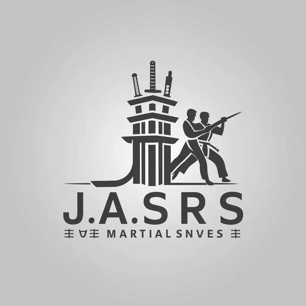 a logo design,with the text "J.a", main symbol:a tower made of swords and knives, with a background of a martial arts style male and female,Minimalistic,be used in Others industry,clear background