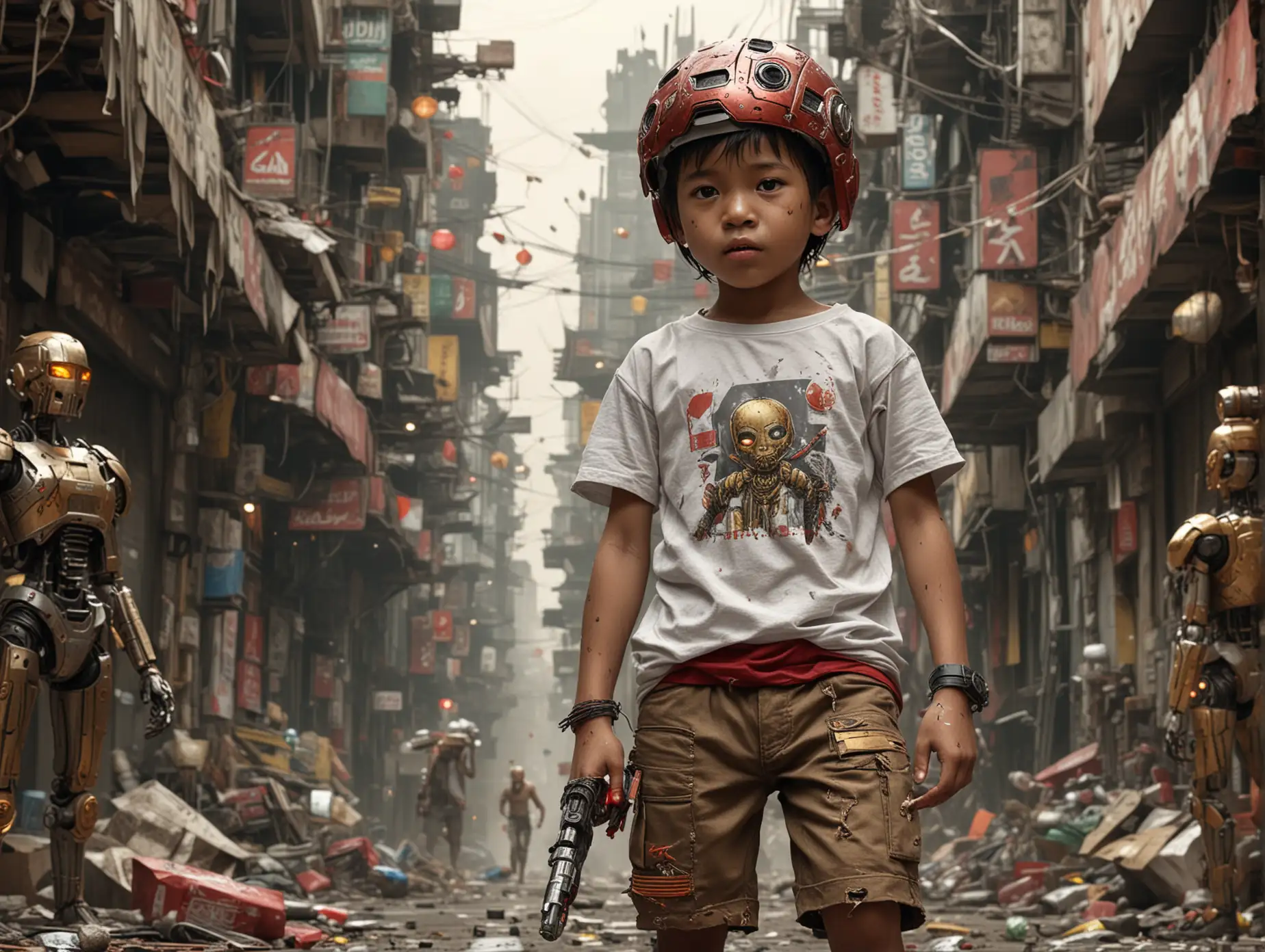 long shot ultra detailed, high res, little Indonesian boy wearing (a dirty, torn white t-shirt and dirty, torn gray shorts) while eating two sticks of meatball. Beside him stood a large futuristic cyborg fighter with ornaments of soda cans and mineral water bottles (with extra complete weapons), used cardboard helmet, colors (light brown, red and gold engraving), very detailed. 32k UHD. dynamic pose, cybertown background and chaotic population, humanoid,(bottom view).