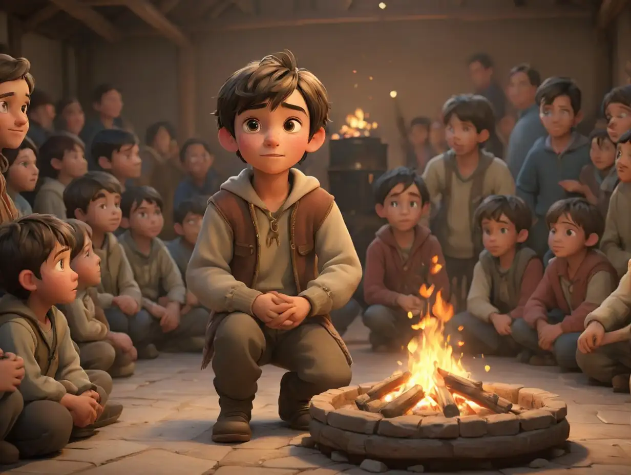 a young boy,  as the villagers gathered around a warm fire in the newly rebuilt community hall, 3d disney inspire