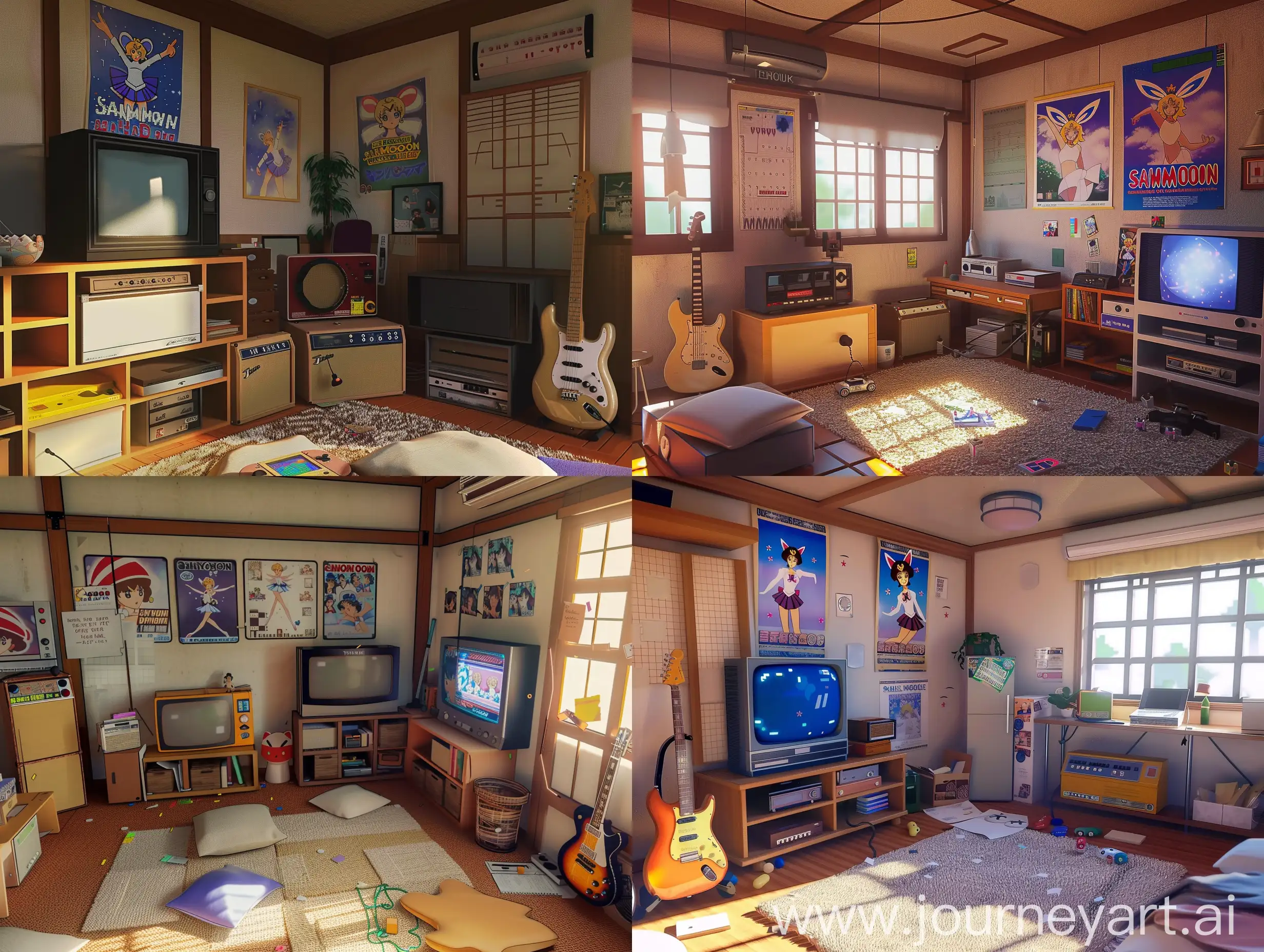 Japanese-style room, retro Nintendo games, pixel graphics, Sailor Moon posters on the wall, electric guitar and retro TV